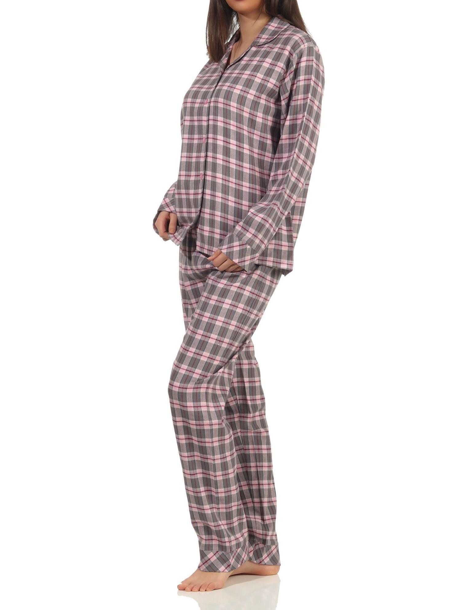 Normann Relaxanzug Normann Damen Flanell Schlafanzug lang mit Knopfleiste und Hemdkragen – Bild 3 von 3