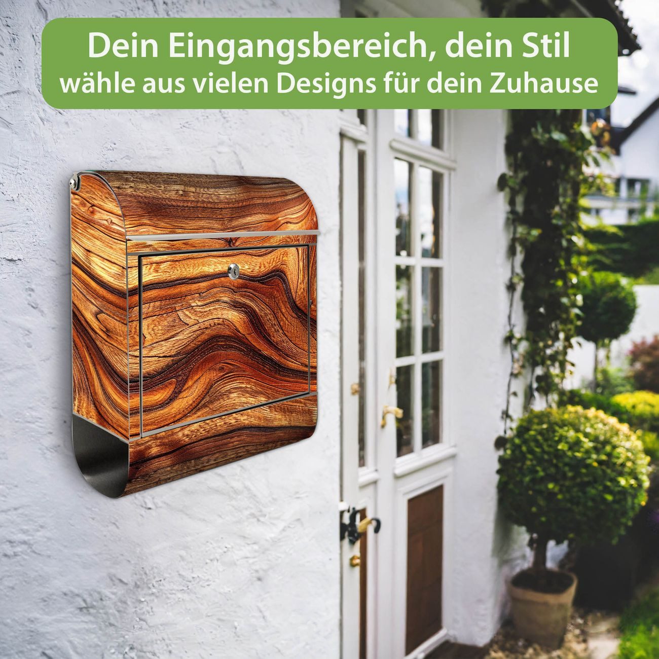 banjado Wandbriefkasten Edelstahl mit Motiv Holz Gemasert Astloch (Wandbriefkasten groß, mit Zeitungsfach), 38 x 42,5 x12 cm