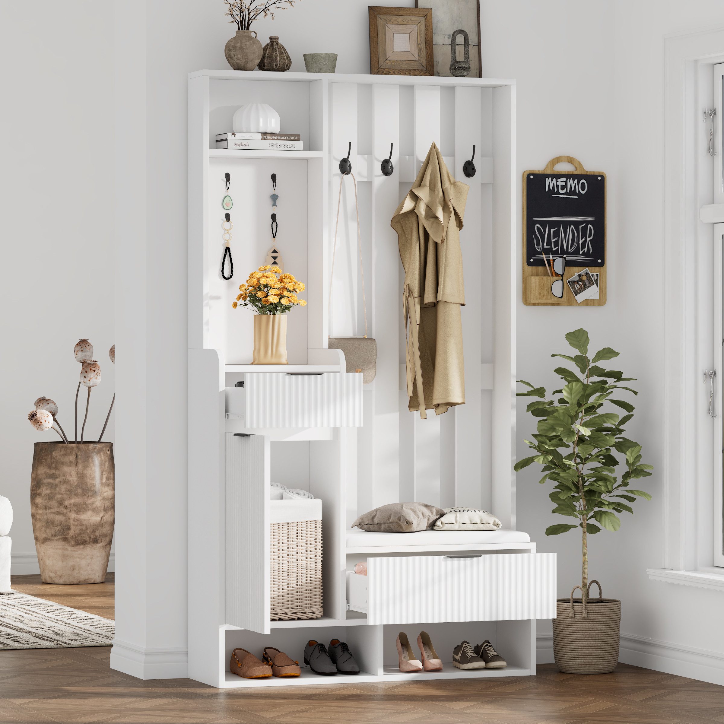 Merax Garderoben-Set 6-in-1 Garderobenständer in Weiß, (100x30x180cm, 1-St., Flurgarderoben Set Scandi, funktionale Kompaktgarderobe), mit 8 Haken, Schubladen, Schrank, Kippschutz, Schuhbank mit Sitzkissen