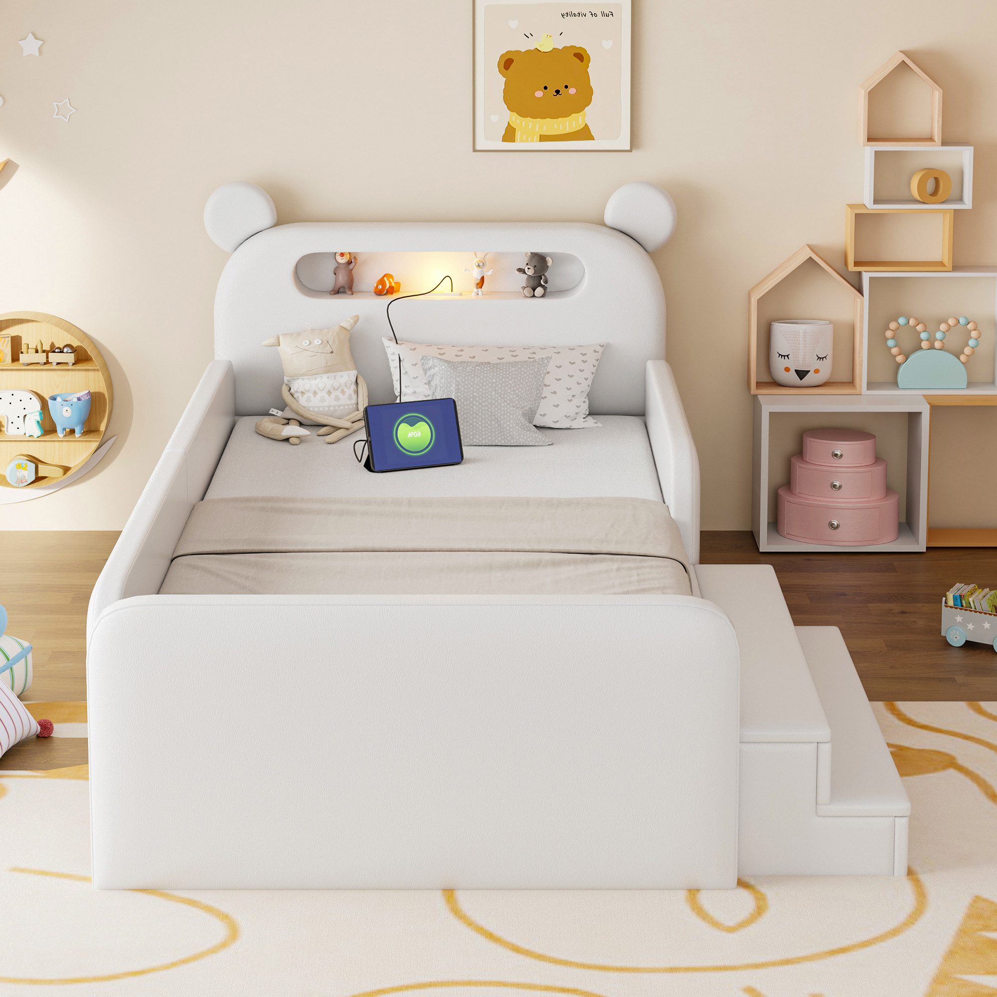 Odikalo Kinderbett 90×200 Einzelbett Jugendbett Doppelbett 140×200 Weiß Mit Lichtern (Kinder-Polsterbett mit Bären-Kopfteil USB-Ladeanschluss integriertem Stauraum und Stufensitz–sicher und praktisch geeignet für Jungen und Mädchen Kunstlederbezug Ohne Matratze)