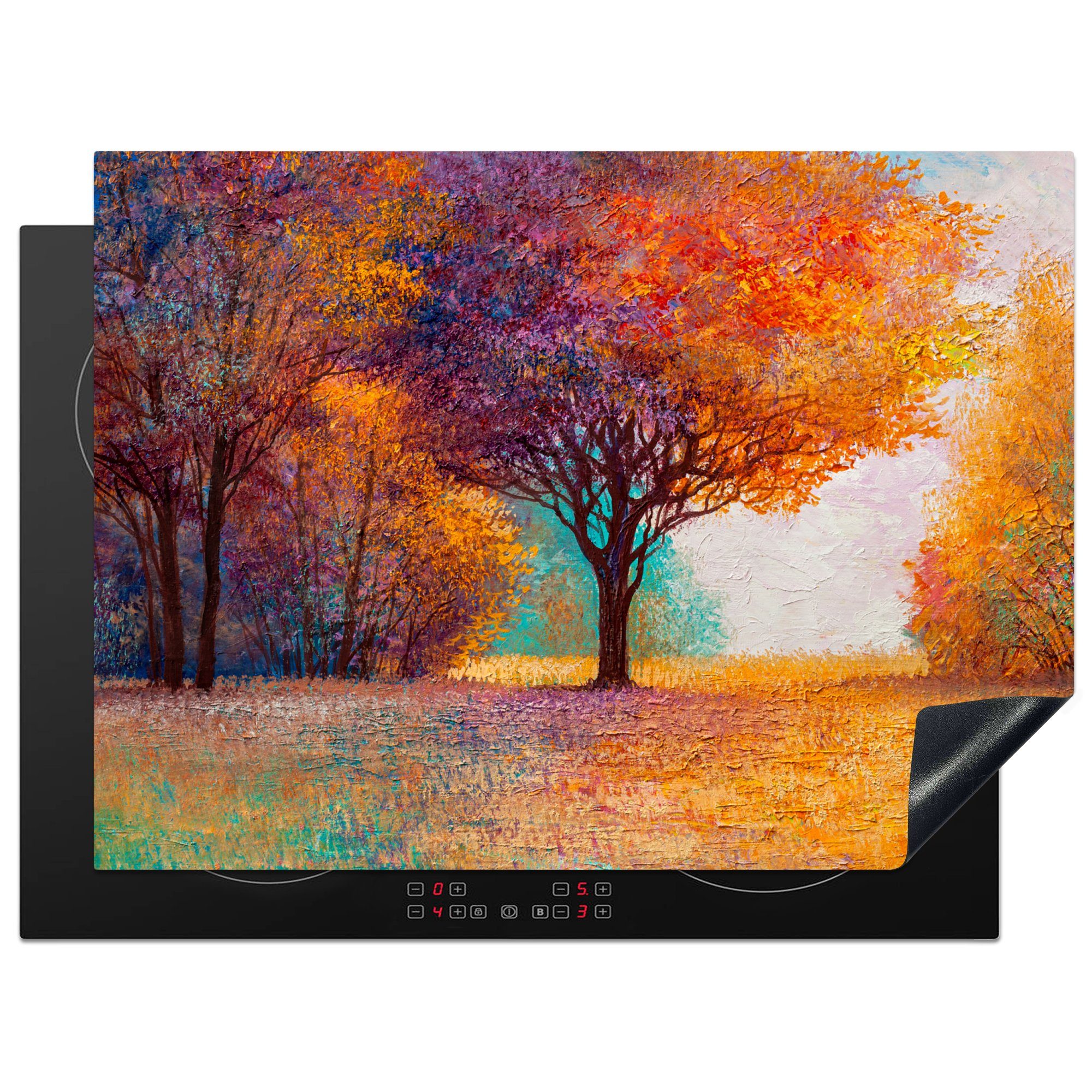 MuchoWow Herdblende-/Abdeckplatte Malerei - Baum - Farben - Ölfarbe, Vinyl, (1 tlg), 70x52 cm, Mobile Arbeitsfläche nutzbar, Ceranfeldabdeckung