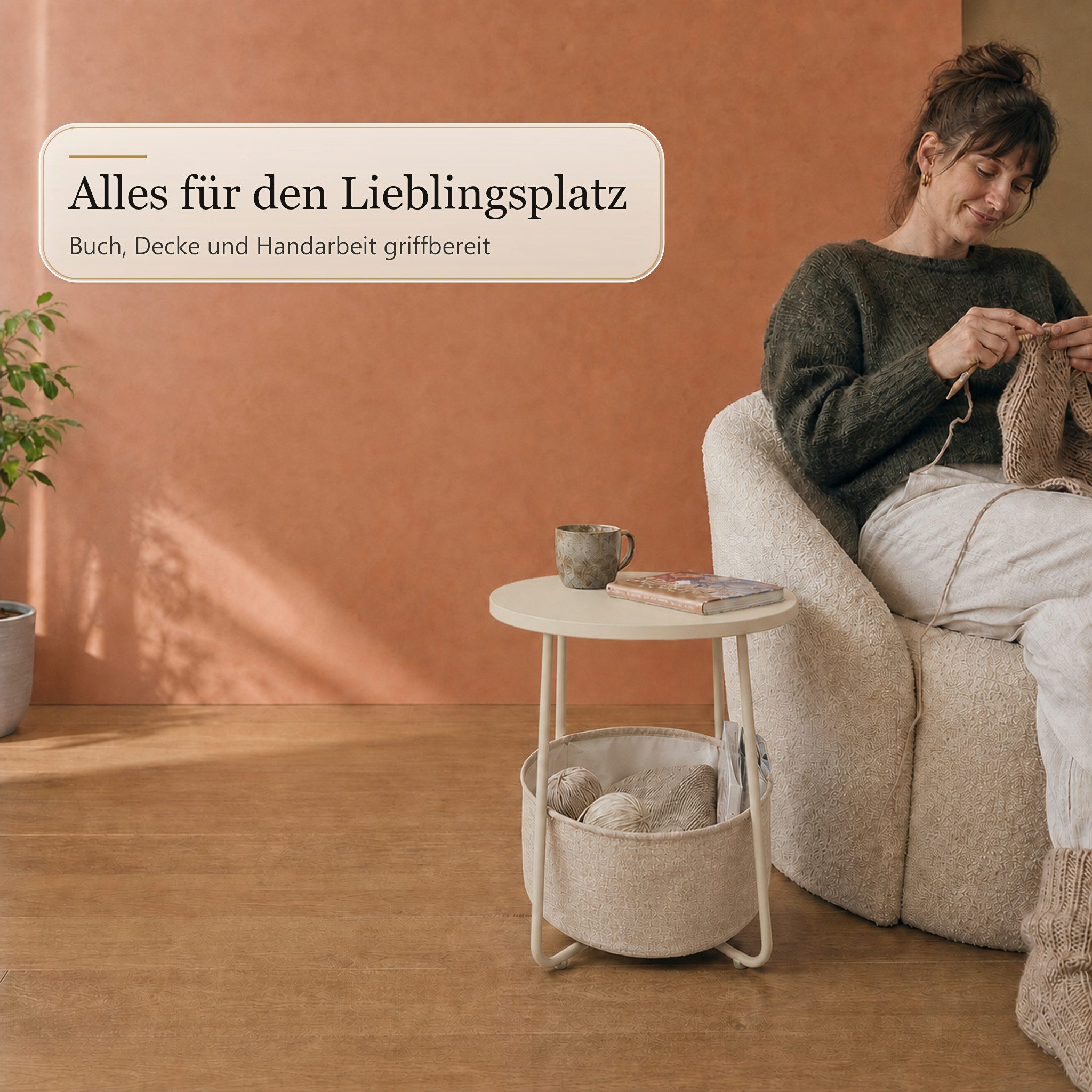 Floordirekt Beistelltisch Luca runder Sofatisch mit Stoffkorb Stauraum 45 cm 4 Farben, 2-in-1-Design – Bild 4 von 5