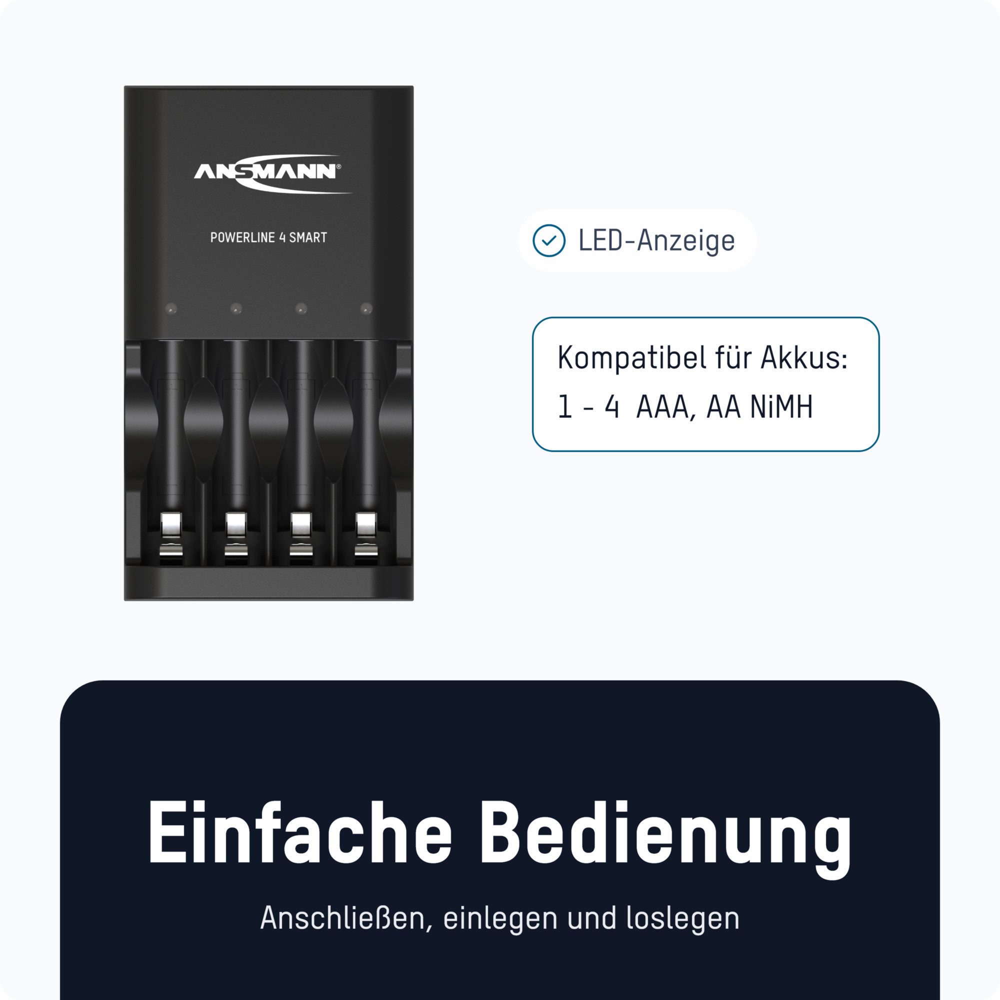 ANSMANN AG Akku Ladegerät für 1-4 NiMH AA/AAA Akkus – inkl. 4x AA 2100mAh Universal-Ladegerät