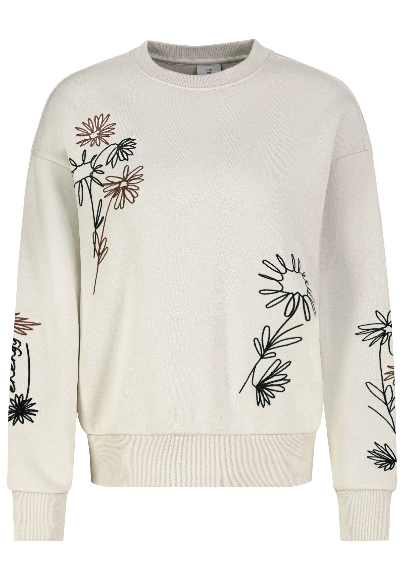 Eight2Nine Longpullover Blumenstickerei Schriftzüge Ärmelmotive für Damen (1-tlg) Überschnittene Schultern, Breiter Rippbund, Rückenmotiv