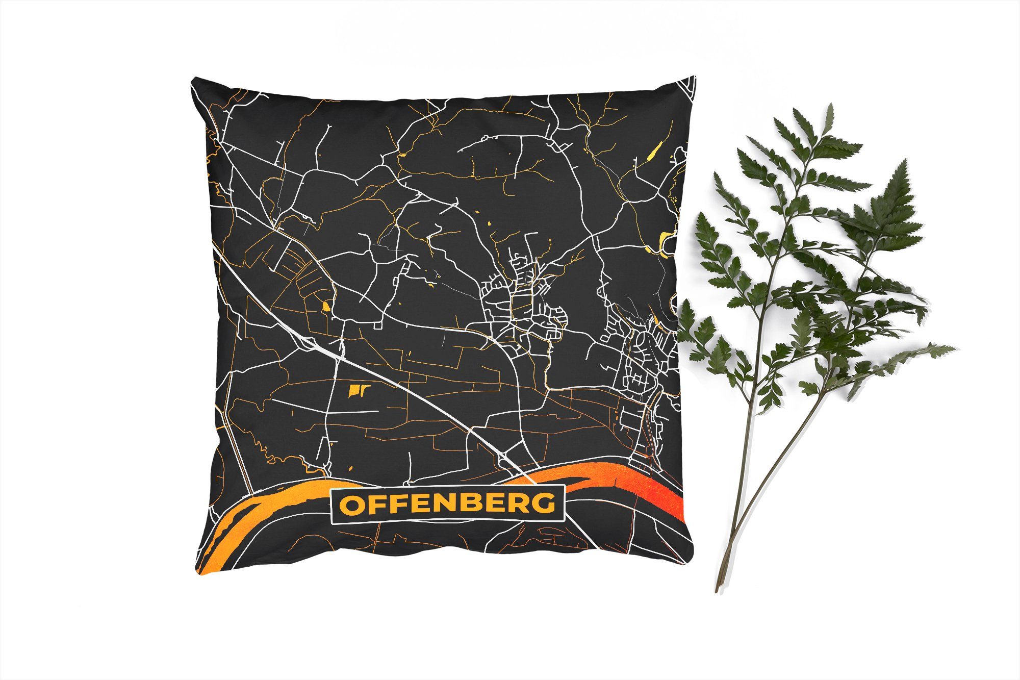 MuchoWow für - Deutschland Offenberg, mit Deko, Karte Sofakissen - Dekokissen Schlafzimmer, - Wohzimmer, Gold Zierkissen Stadtplan - Füllung