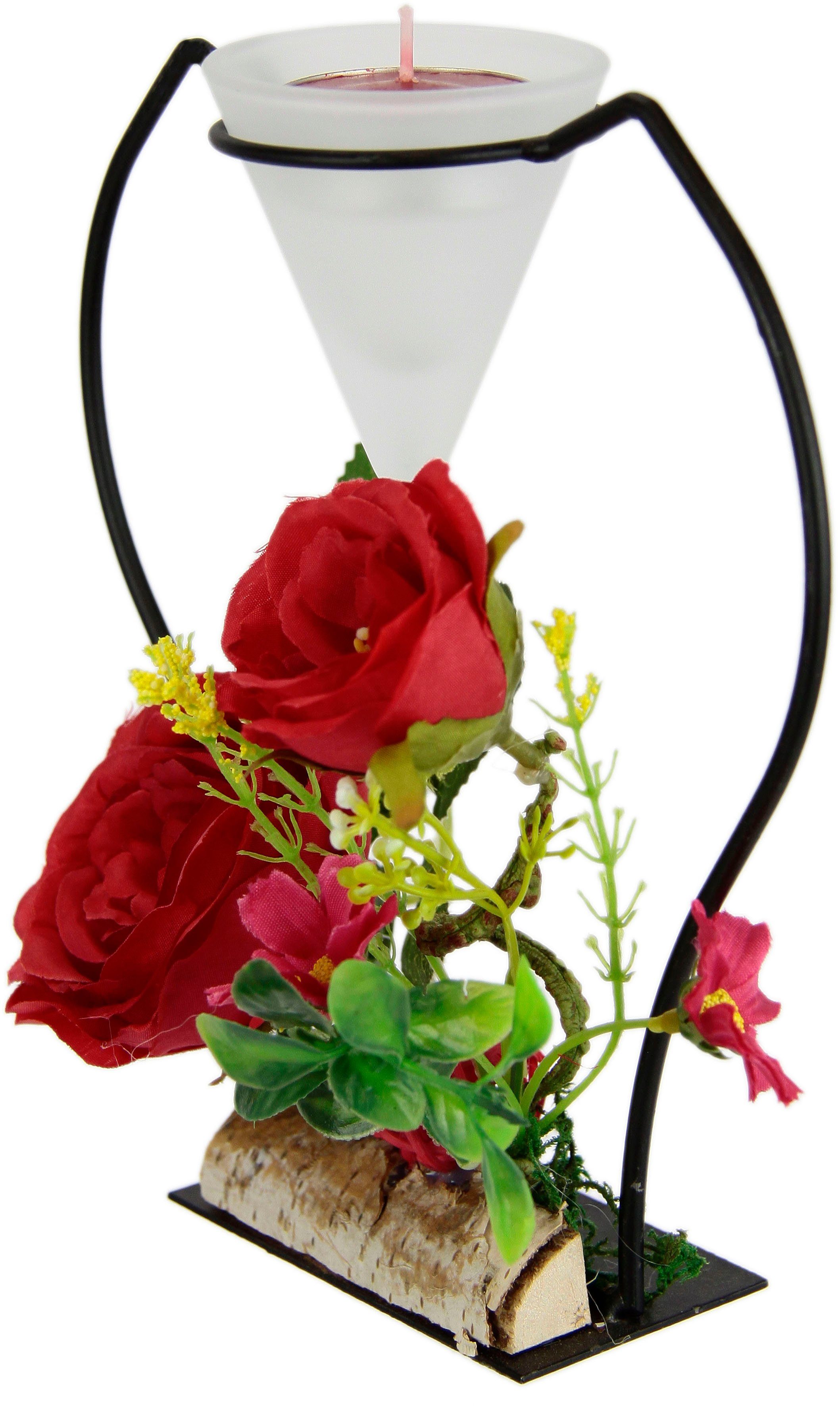 I.GE.A. Teelichthalter Rose, Metall Glaseinsatz Teelichtkerze Advent 3D Kerzenständer rot Kunstblumen