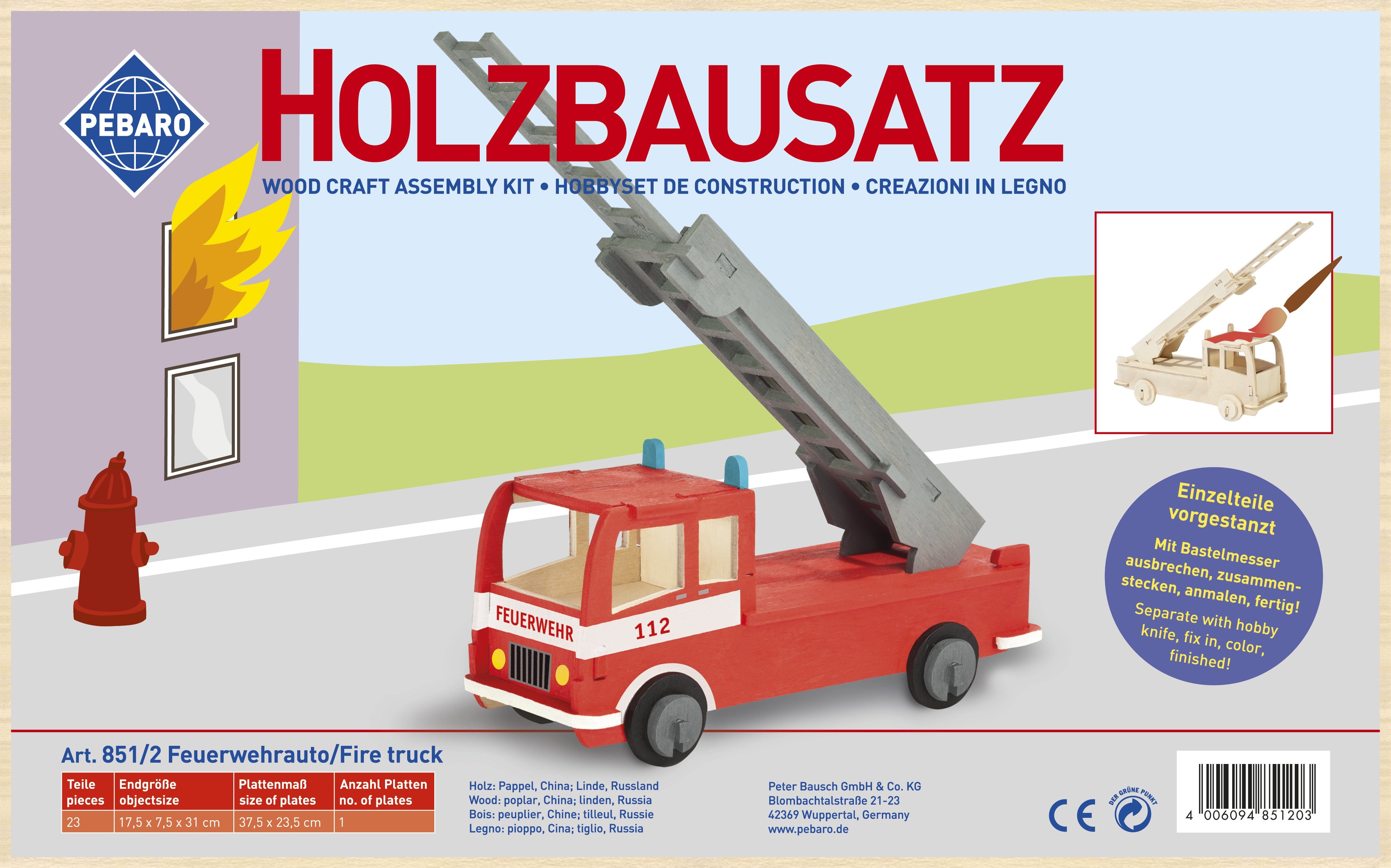 Pebaro 3D-Puzzle Holzbausatz Feuerwehrauto, 851/2, 23 günstig online kaufen