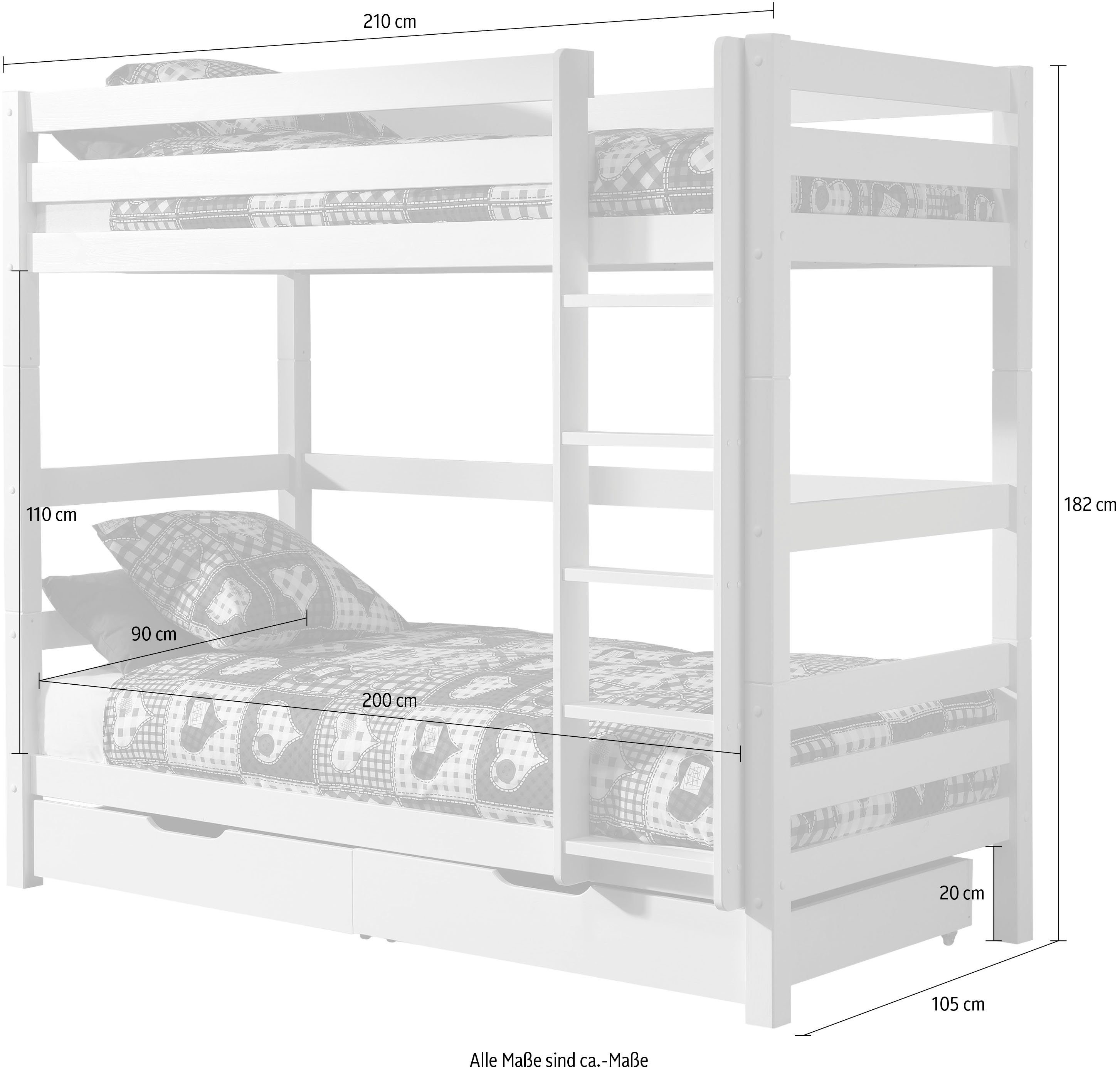 Vipack Etagenbett Pino, inkl. Rolllattenrost, Leiter und Absturzschutz (B/H/T ca. 210x182x105cm, massiv Kiefer verschiedene Farben), wahlweise ohne Schublade, mit 1 großen, 2 kleinen Bettschubladen