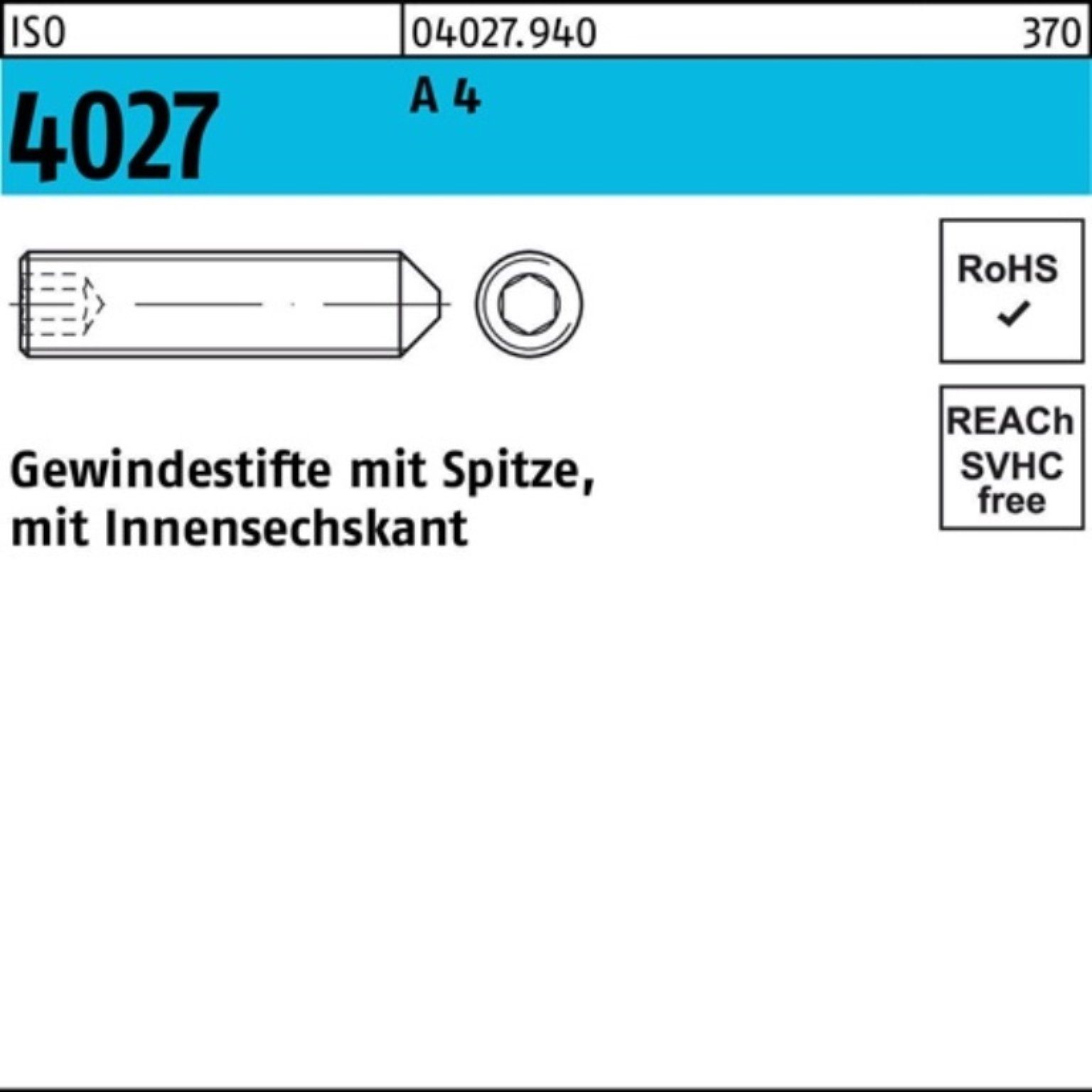 Reyher Gewindebolzen 100er M8x 4027 A 4 ISO Stüc Pack Spitze/Innen-6kt 100 45 Gewindestift