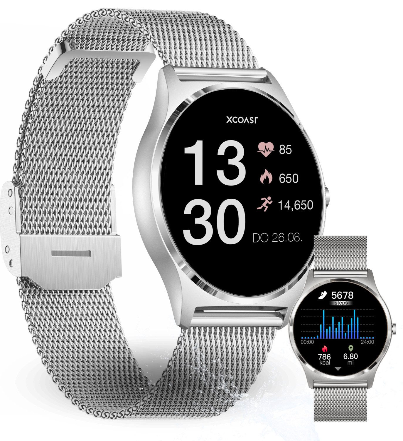 XCOAST JOLI Damen Smartwatch (3,9 cm/1,3 Zoll, IOS ANDROID) Fitnesstracker und Frauensportuhr, neueste Generation, 3-tlg., milanaise Edelstahlarmband, Schnellwechselfunktion, Silber, IP67 wasserdicht, Herzfrequenz, Blutdruck, Blutsauerstoff, Schlaf