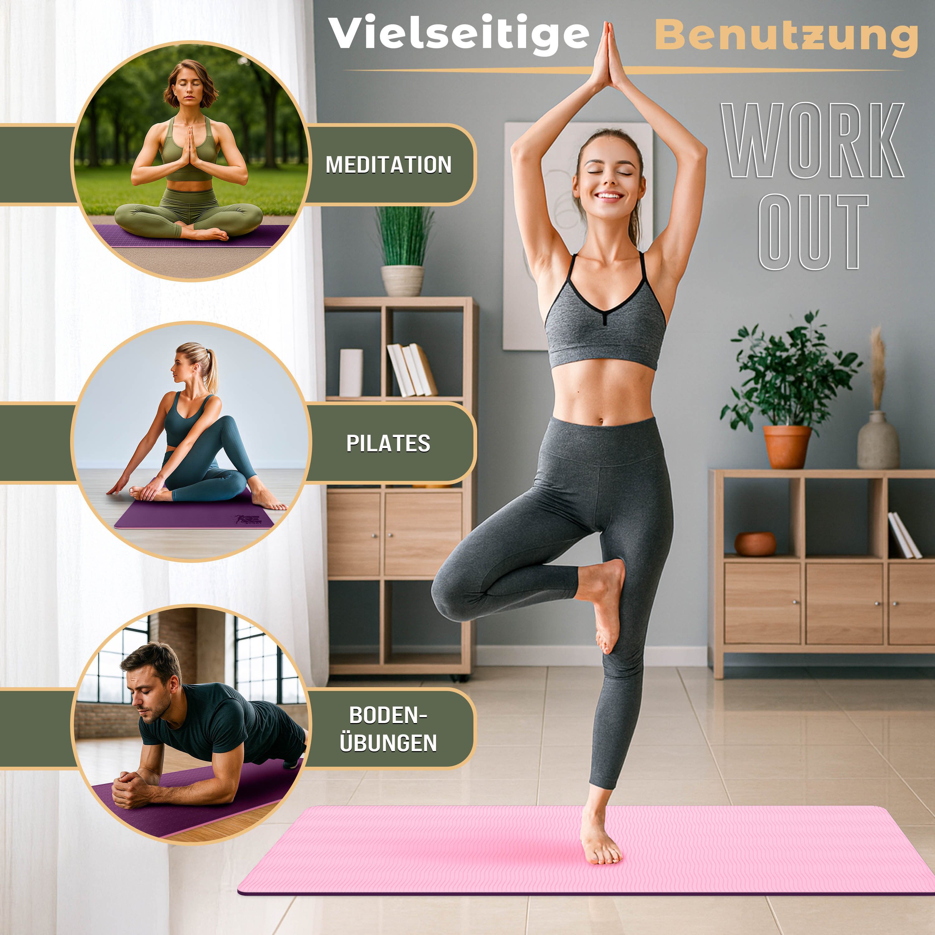 RE:SPORT Gymnastikmatte 183 x 61 x 0,6 cm mit Tragetasche Yogamatte TPE Fitnessmatte (rutschfest), Trainingsmatte mit Tragegurt Fitness Gymnastik Pilates Workou – Bild 5 von 5
