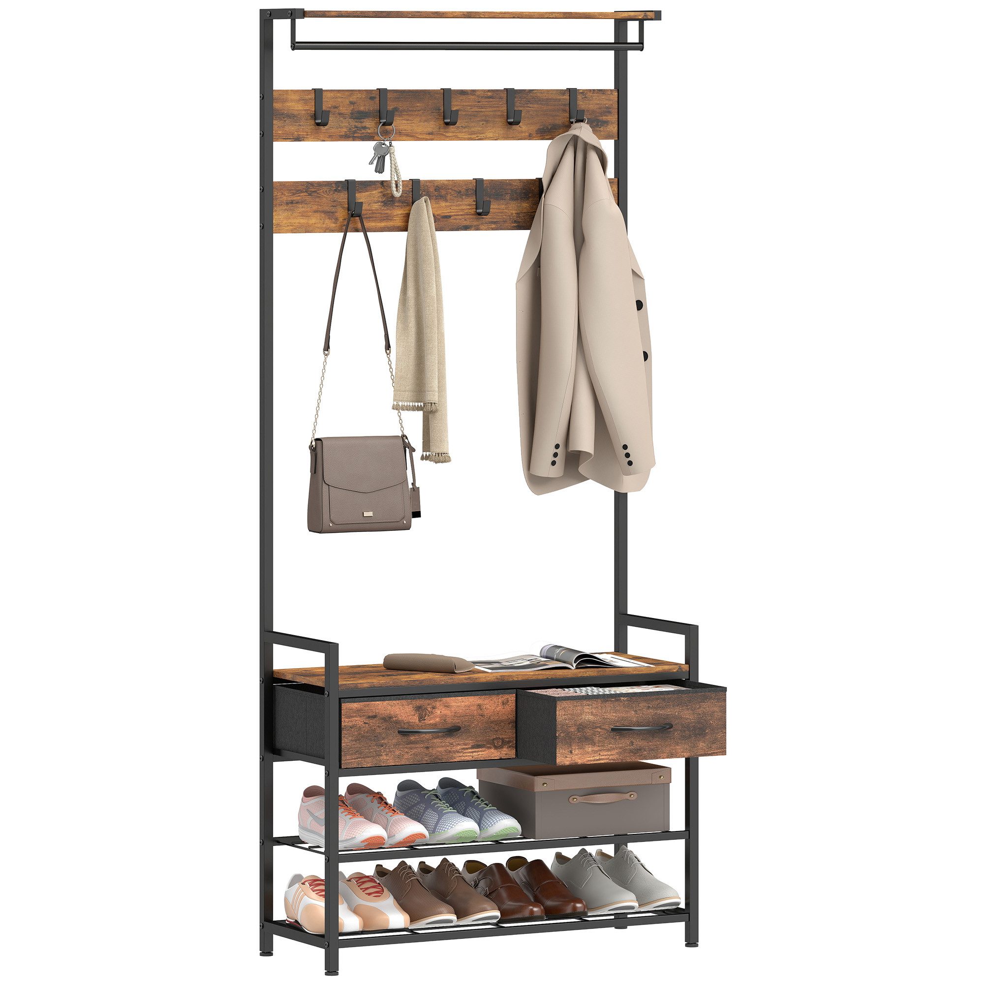 HOMCOM Garderobenständer, (Set, 1 St., 1), 5-in-1 Flurgarderobe mit Bank & Schuhregal