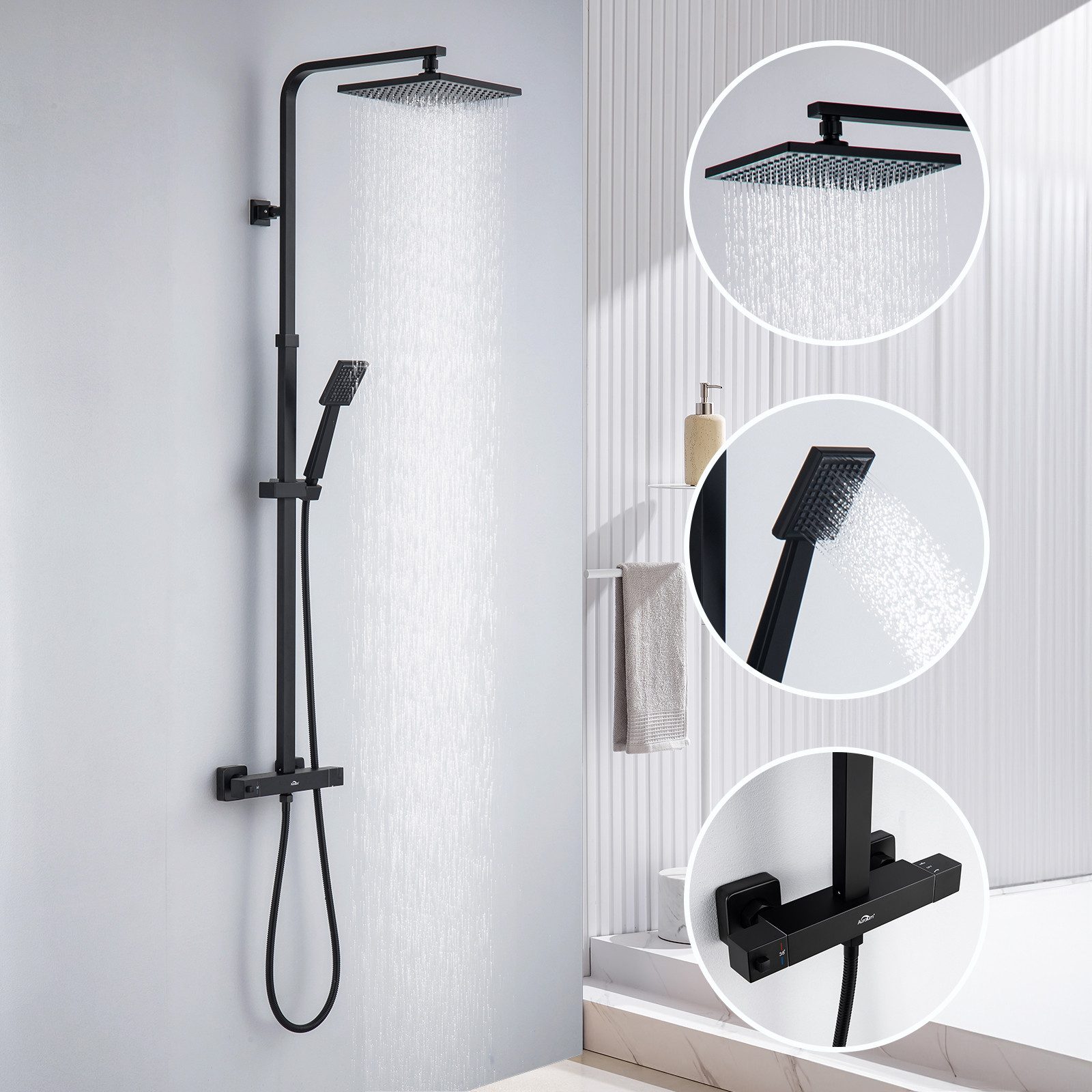 AuraLum pro Duschsystem Regendusche Duschset Duschsäule mit Thermostat und Handbrause, Höhe 85-112 cm verstellbare, Schwarz