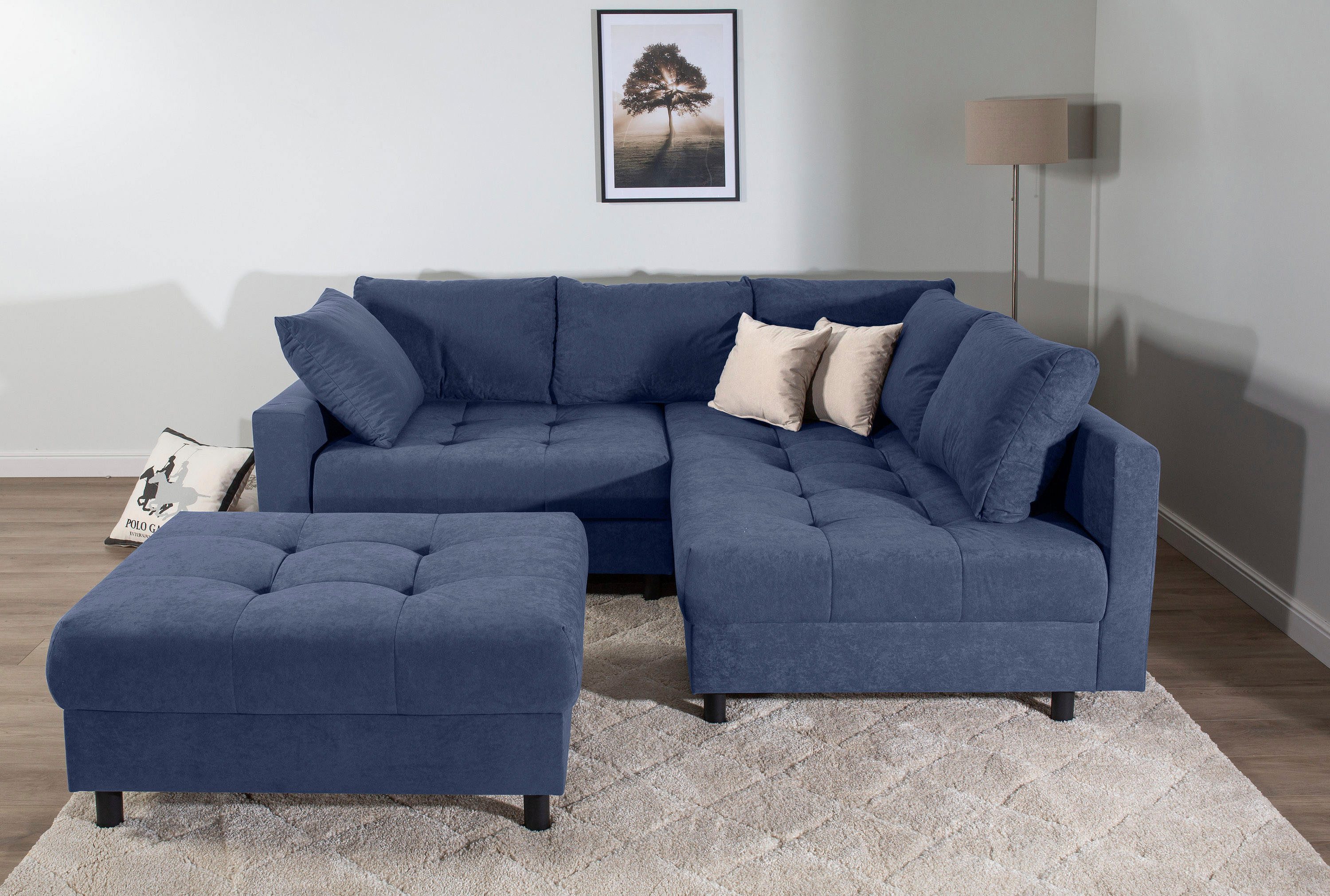 COLLECTION AB Ecksofa Toni L-Form, B: 215 cm, XXL-Liegefläche 178x190 cm mit Hocker, Set: Sofa & Hocker, 2 Zierkissen, Federkern, frei stellbar