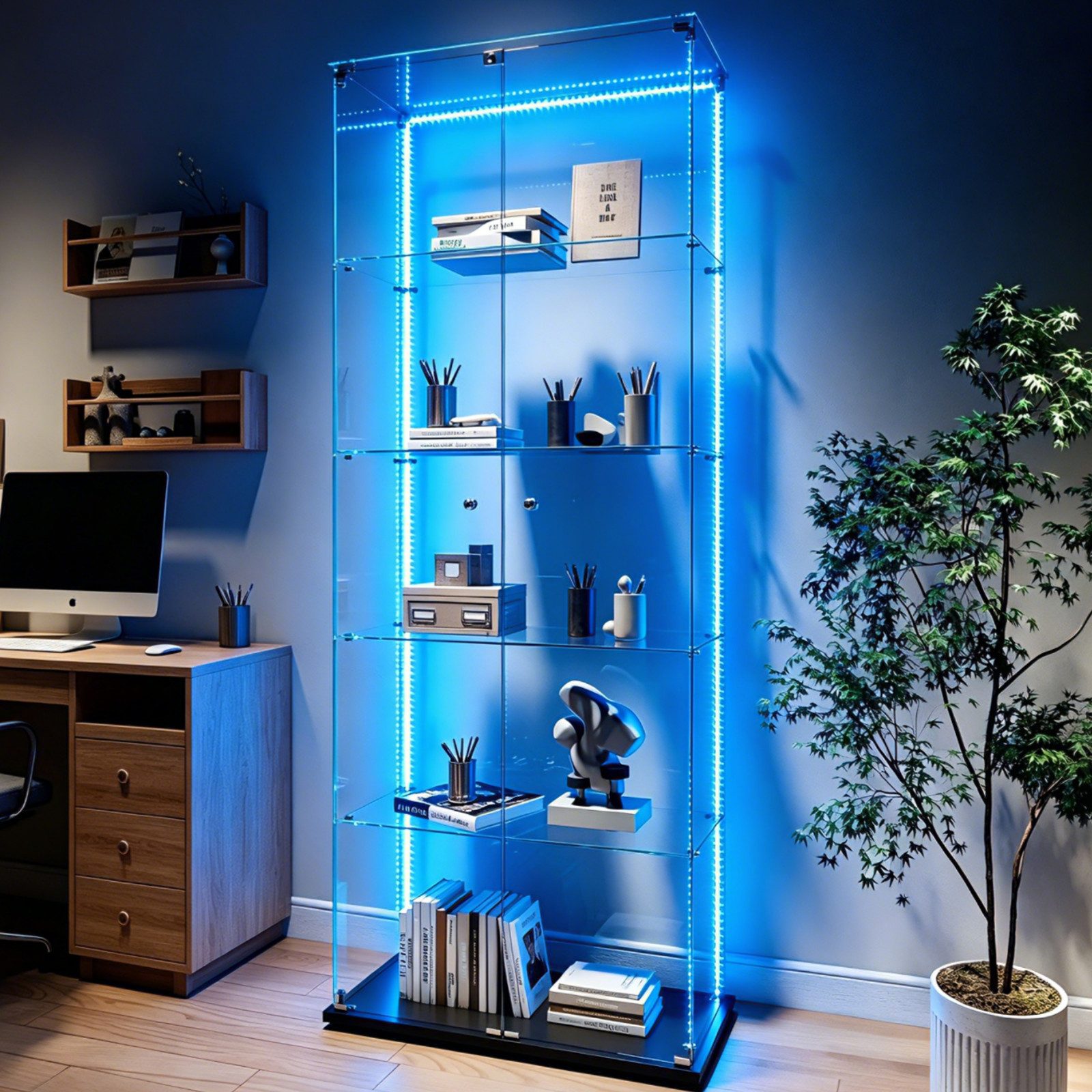 Simurq Glasvitrine Standvitrinen mit LED Beleuchtung Vitrinenschrank mit Glastür Sammlervitrine aus gehärtetes Glas,Modernes rahmenloses Design