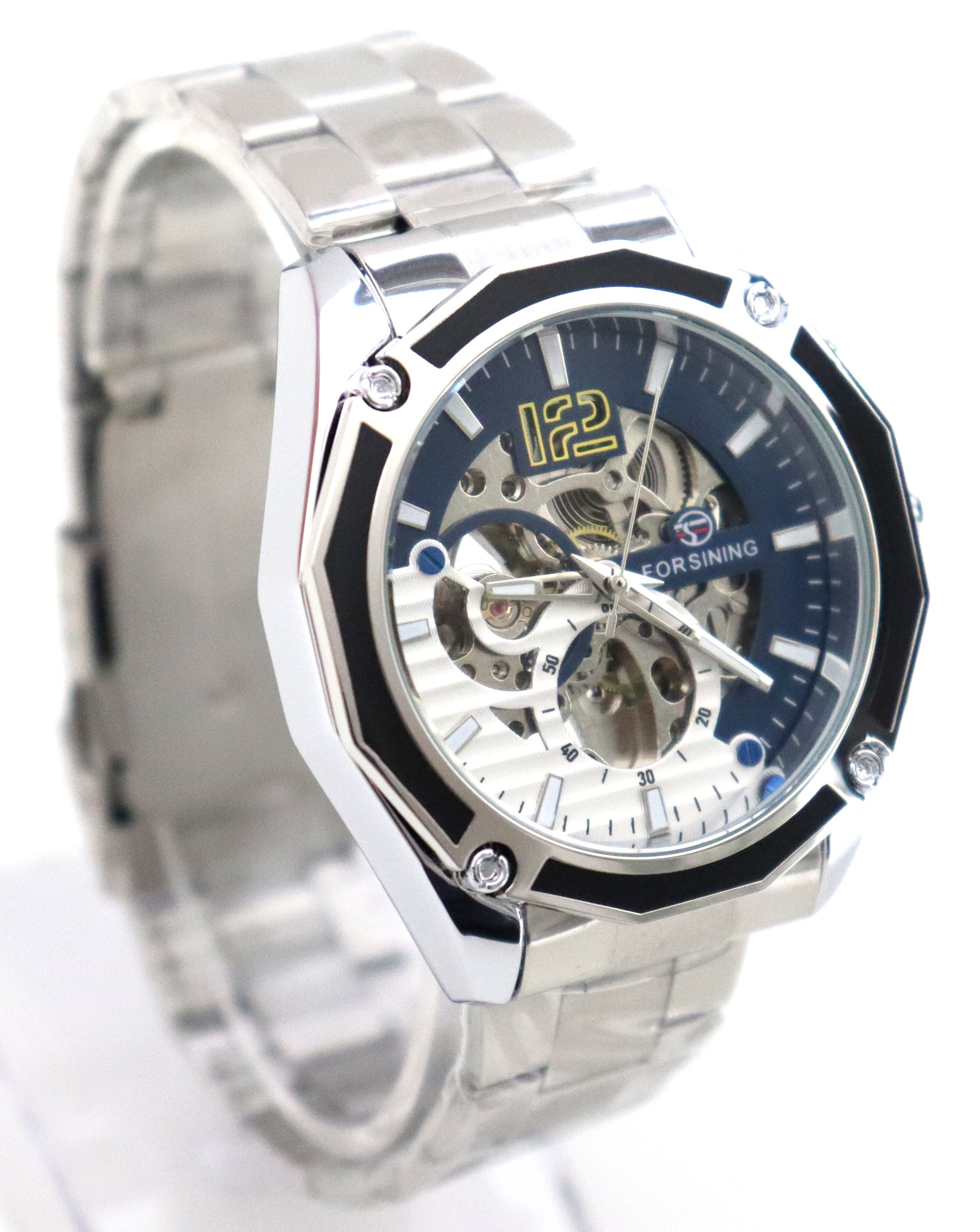 Rötting Design Automatikuhr Herrenuhr Armbanduhr Marke Forsining Skelett blau weißes Ziffernblatt, Edelstahl, Skelett Ziffernblatt