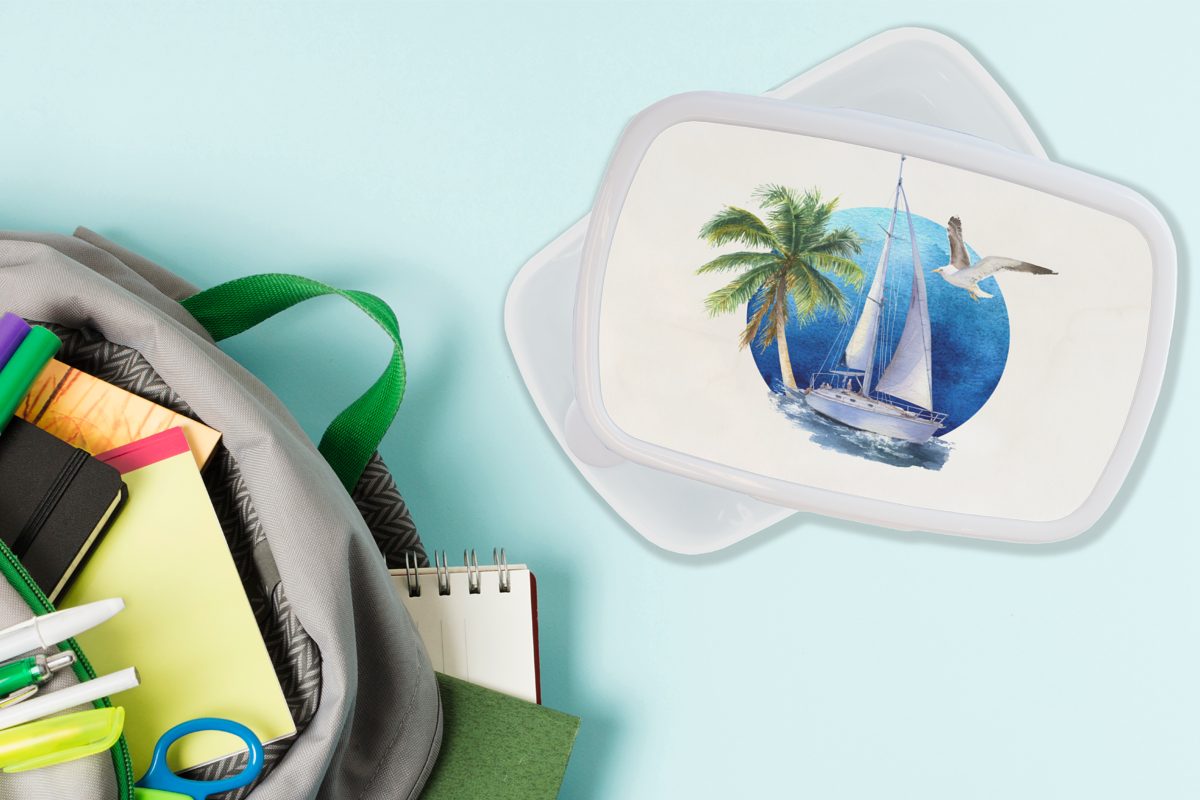 Kunststoff, für Mädchen - Erwachsene, und Brotbox MuchoWow für und (2-tlg), Jungs Vogel Segelboot weiß Kinder - Brotdose, - Lunchbox Palme Meer,
