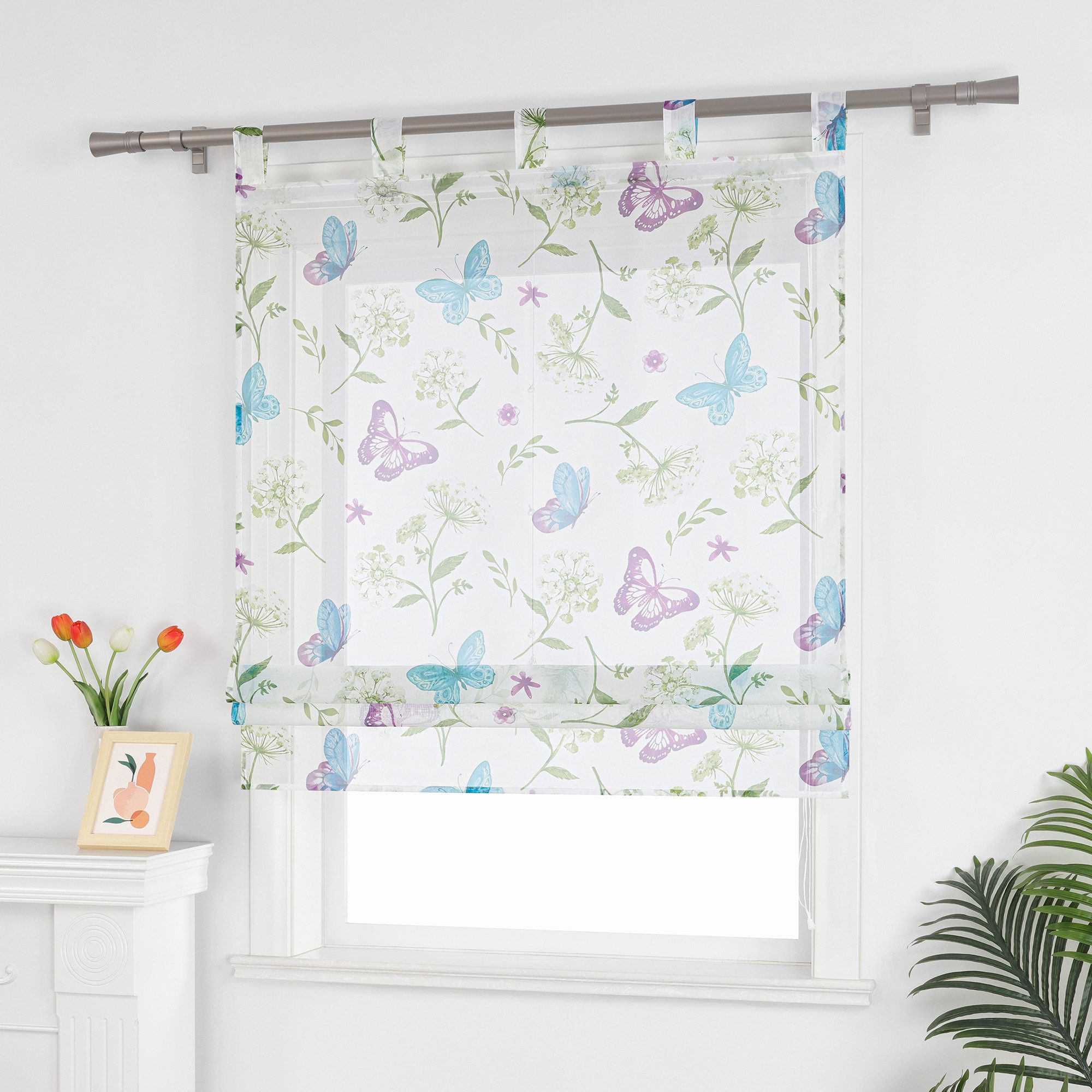Joyswahl Raffrollo, mit Schlaufen, mit Blumen und Schmetterlinge Voile Raff günstig online kaufen