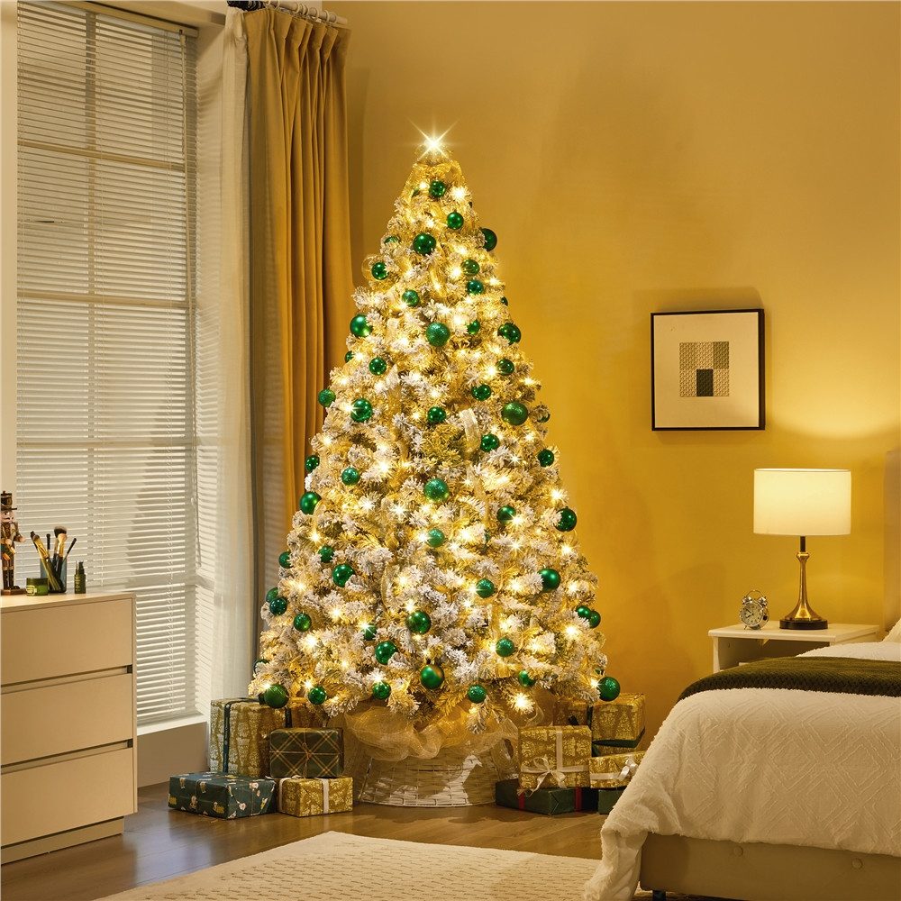 Yaheetech Künstlicher Weihnachtsbaum 183/213 cm H mit LED-Beleuchtung, Tannenbaum mit Schnee für Weihnachtsdekoration