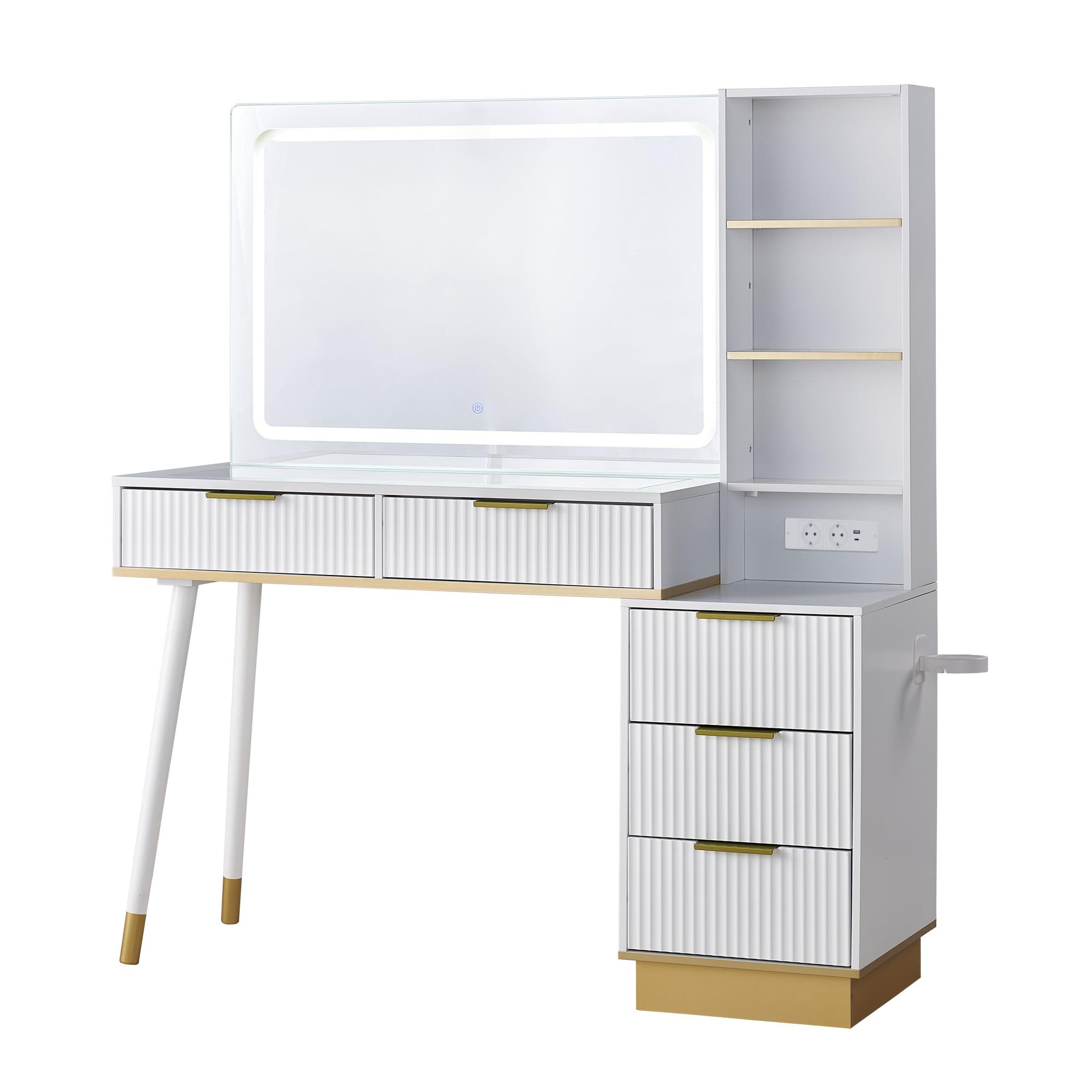 AMERLIFE Schminktisch Schminktisch 122cm Weiß-Gold mit LED-Spiegel und Glasplatte, Integrierte Ladestation, viel Stauraum & modernes Design – Bild 3 von 5