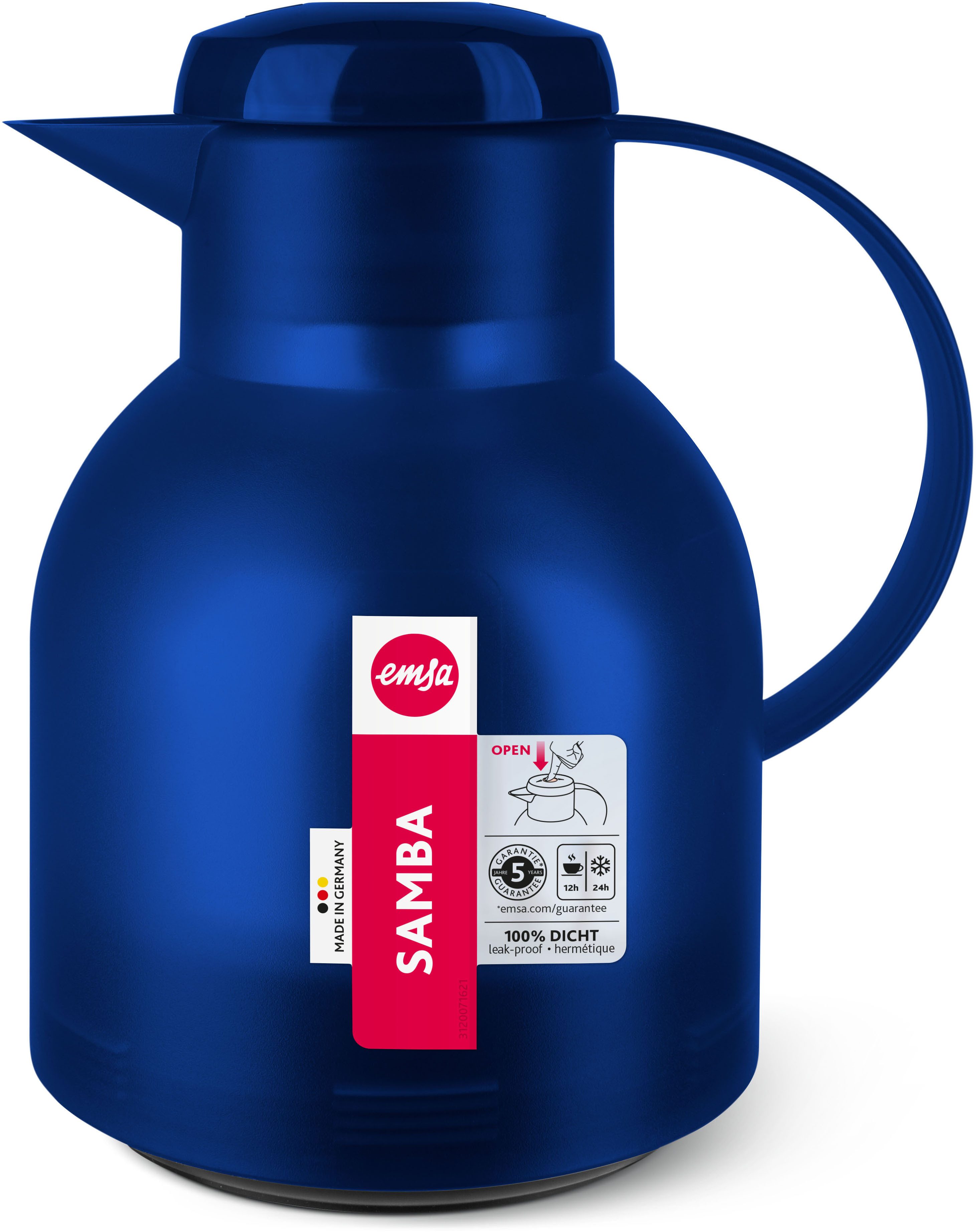Emsa Isolierkanne Samba, 1 l, zeitloses Design, einfacher Knopfdruck, 24h kalt, 12h warm