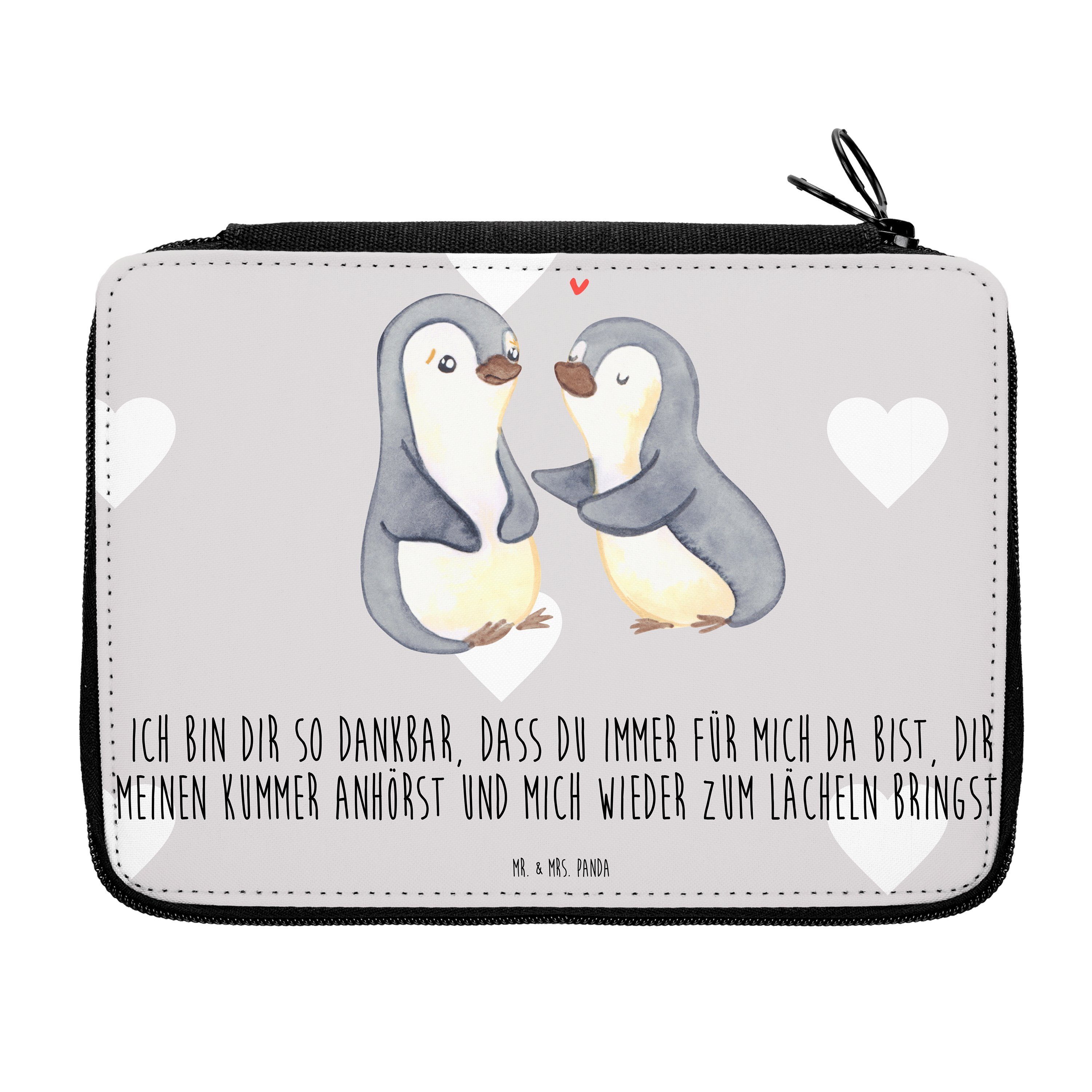 Mr. & Mrs. Panda Federmäppchen Pinguine trösten - Grau Pastell - Geschenk, Schüler, Geschenk für Fra, (1-tlg)