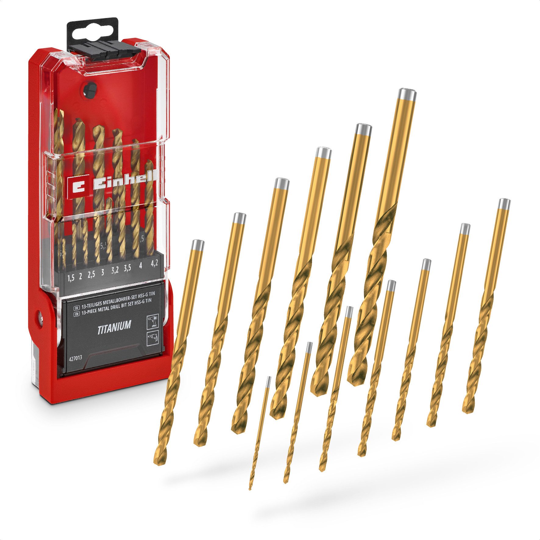 Einhell Bohrer- und Bit-Set Original Einhell 13-tlg. HSS-G Titan Metallbohrer-Set (im Ganzen gesch, (13x HSS-G Titan Metallbohrer (1,5 / 2 / 2,5 / 3 / 3,2 / 3,5 / 4 / 4,2 / 4,5 / 5 / 5,5 / 6 / 6,5 mm), 1x Aufbewahrungskassette (15,0 x 6,2 x 2,6 cm), 13-tlg), Original Einhell 13-tlg. HSS-G Titan Metallbohrer-Set (im Ganzen gesch