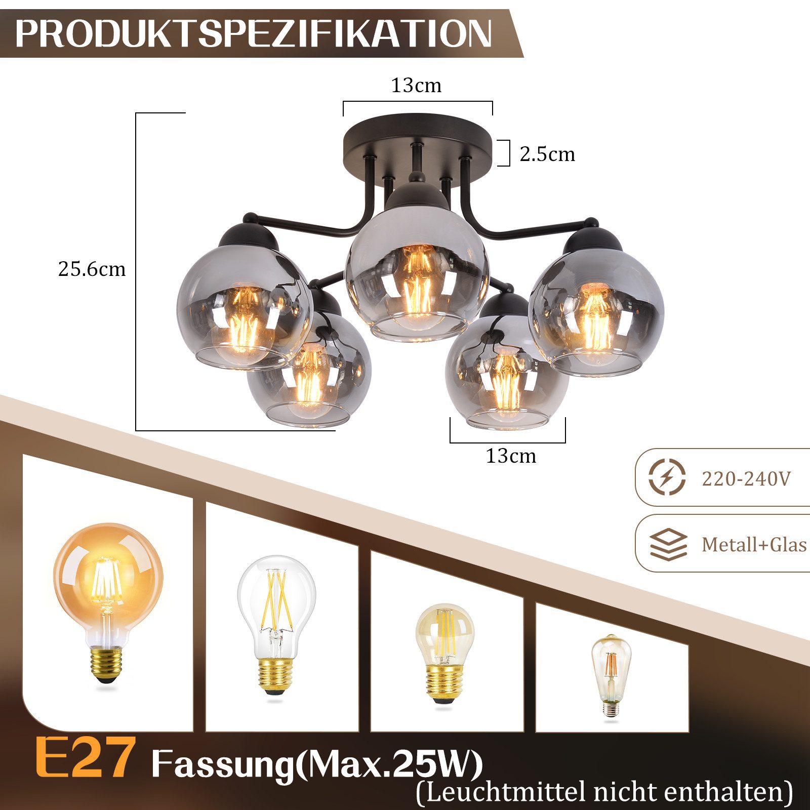 ZMH Deckenleuchte 3/5 flammig E27 Glas günstig online kaufen