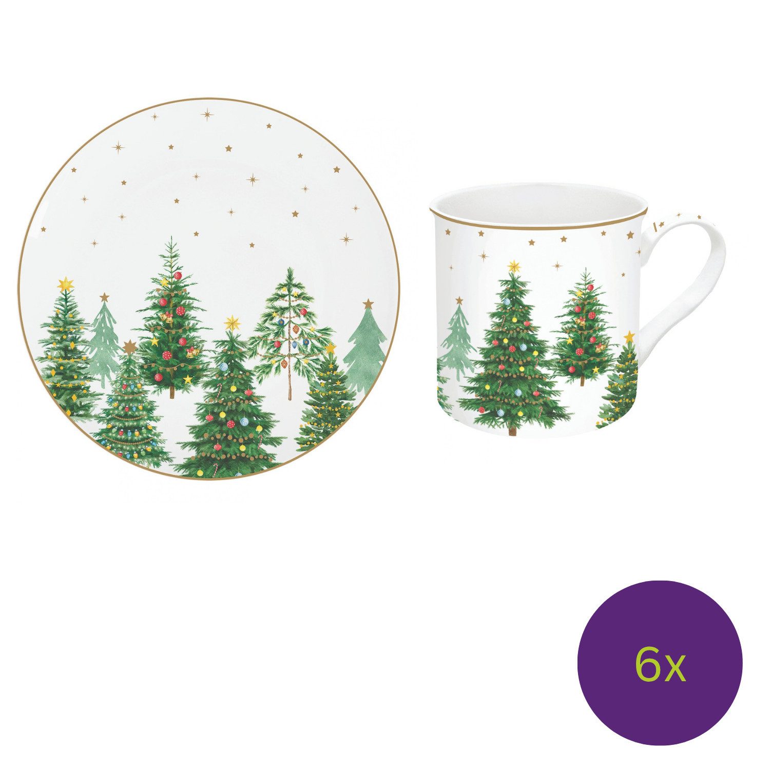 EasyLife Kaffeeservice Festive Trees, Porzellan, Höhe: 1cm, Farbe: Weiß, Motiv: Tannenbäume