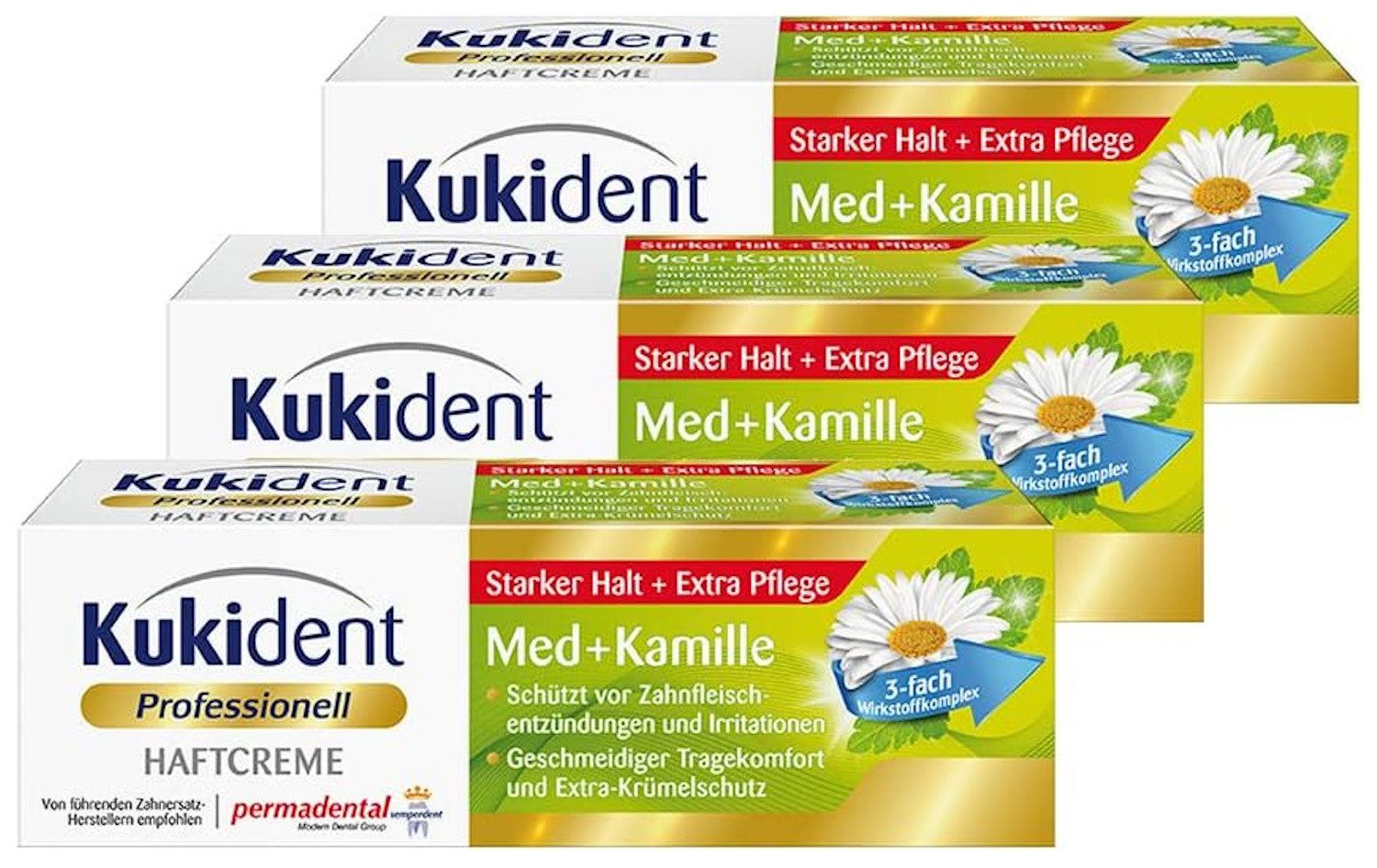 Kukident Zahnpflege-Set Haftcreme Med+Kamille Zahnreiniger (3 x 40 g), 3er Pack, 3-tlg., Starker Halt + Extra Pflege
