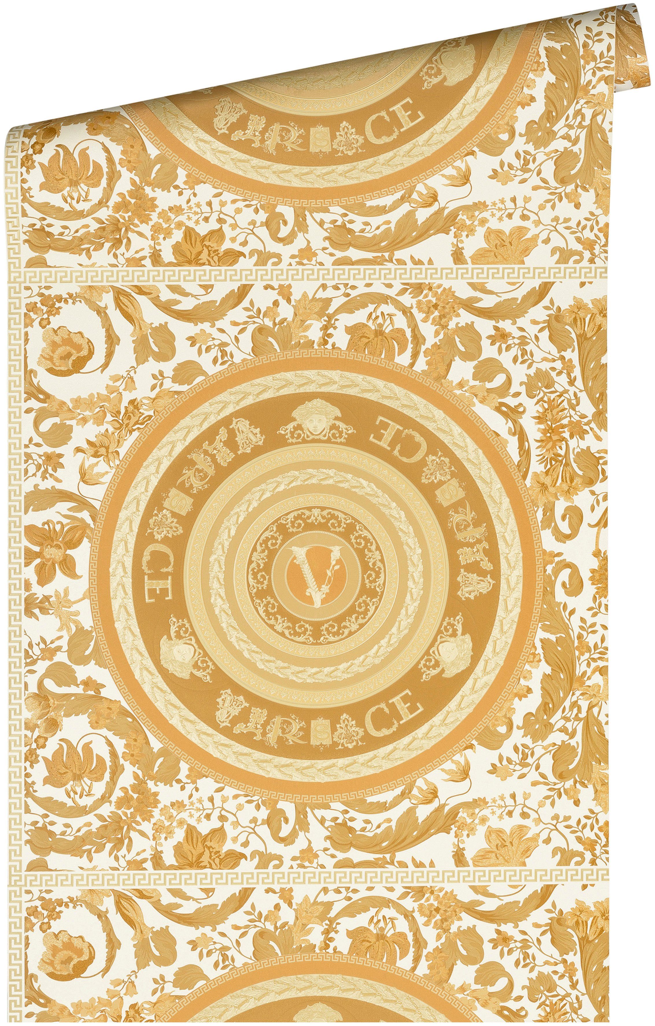 5 Designertapete, Floral Versace Vliestapete goldfarben/weiß Fliesen-Tapete auffallende Design, leicht Wallpaper St), Versace leicht (1 glänzend, strukturiert,