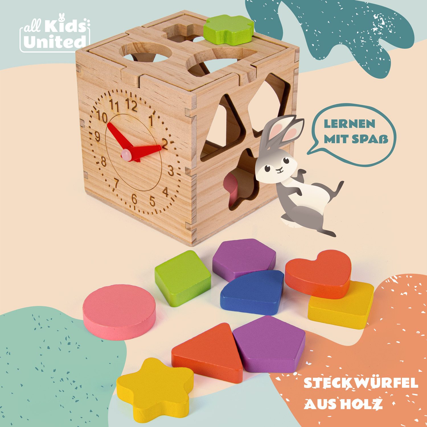 all Kids United Steckspielzeug Steckspielzeug Holz – 13-tlg. Lernwürfel Puzzlebox für Kleinkinder, (Holz-Würfel, 12-tlg), Puzzle Steckbox für Kleinkinder