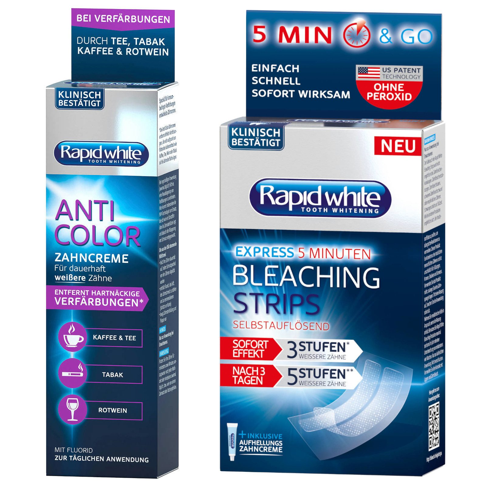 Zahnbleaching-Kit RAPIDWHITE Anti Color Zahnpasta 75 ml + RAPIDWHITE Bleaching Strips