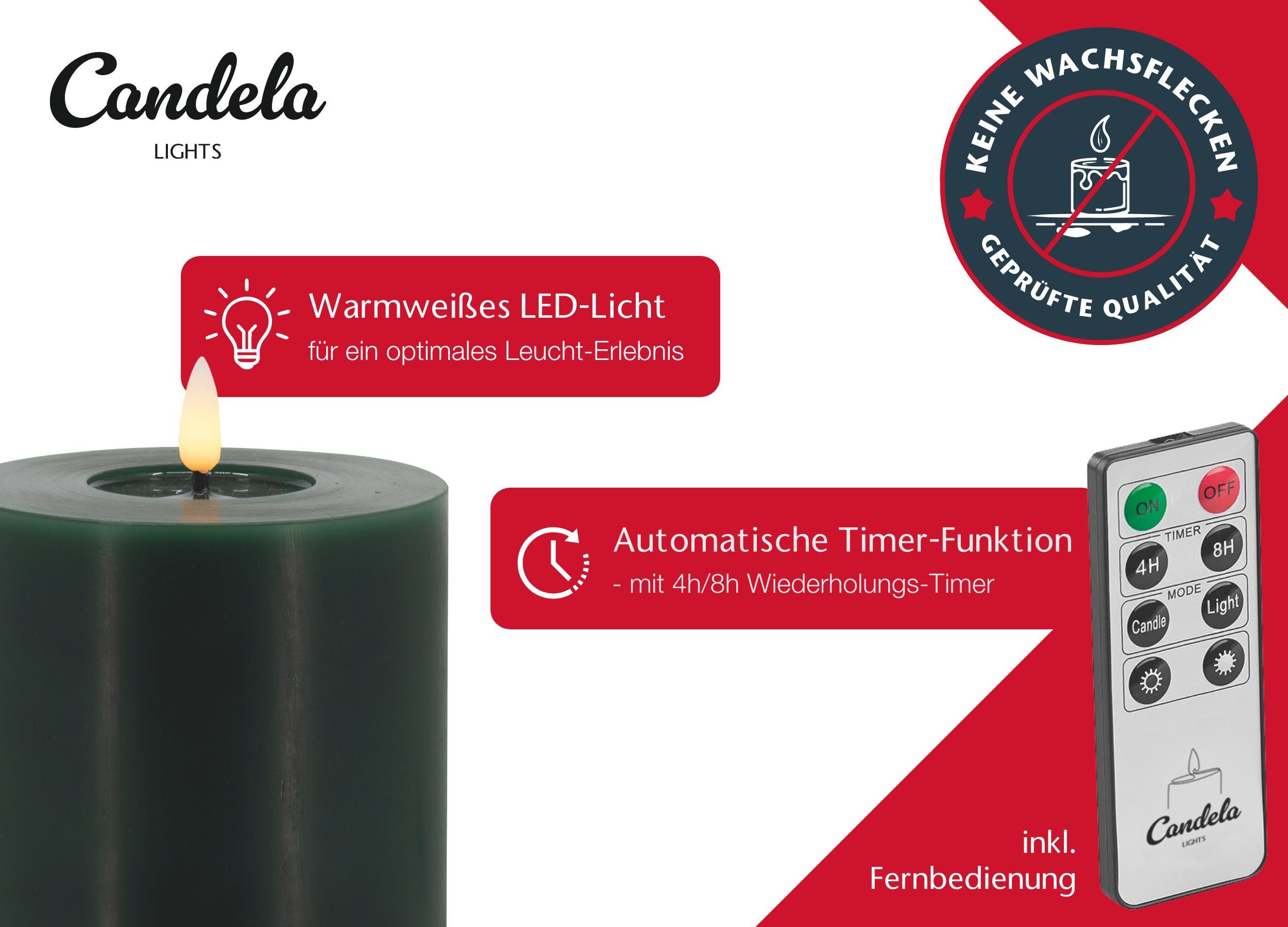 LC Home LED-Kerze Candela Lights LED Kerzen 4er Set Stumpenkerze inkl. Kerzenteller