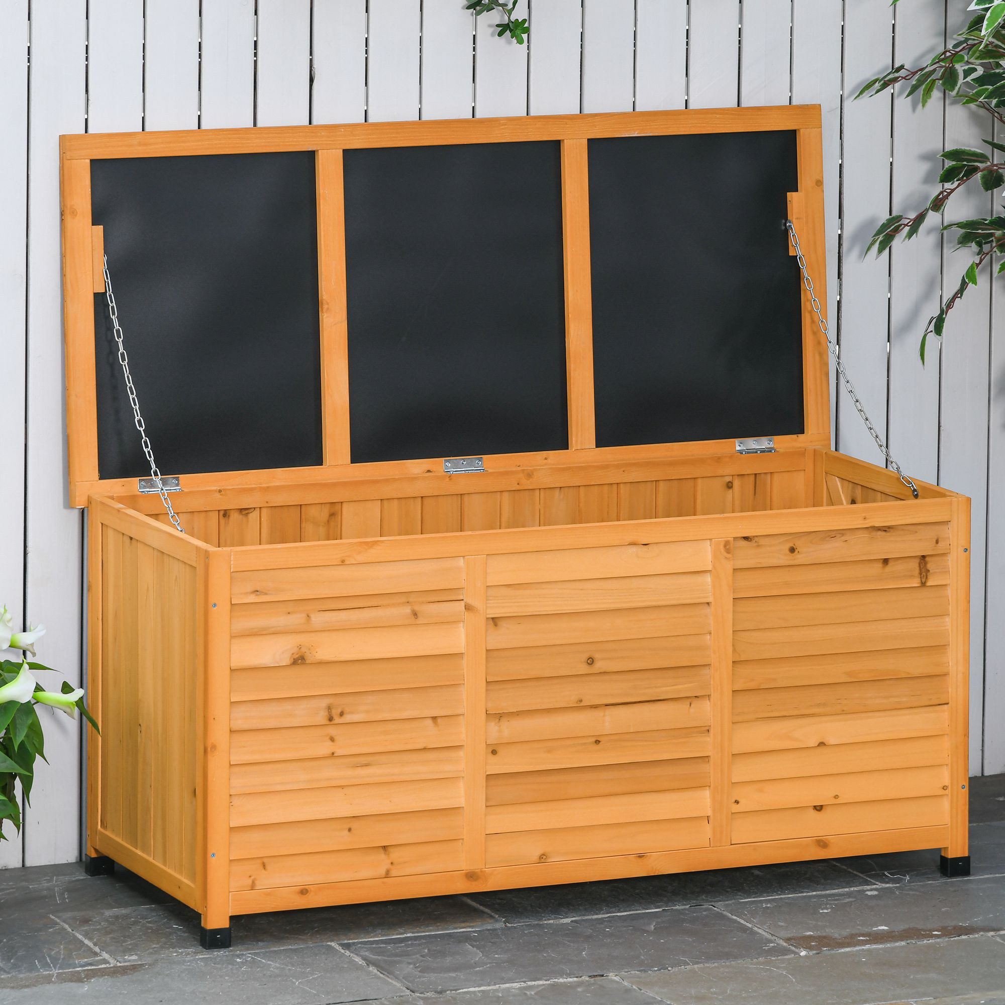Outsunny Geräteschrank Aufbewahrungsbox, Gartentruhe, wetterbeständig, Massivholz (Kissenbox, 1-St., Gartenbox) für Garten, Balkon, Gelb