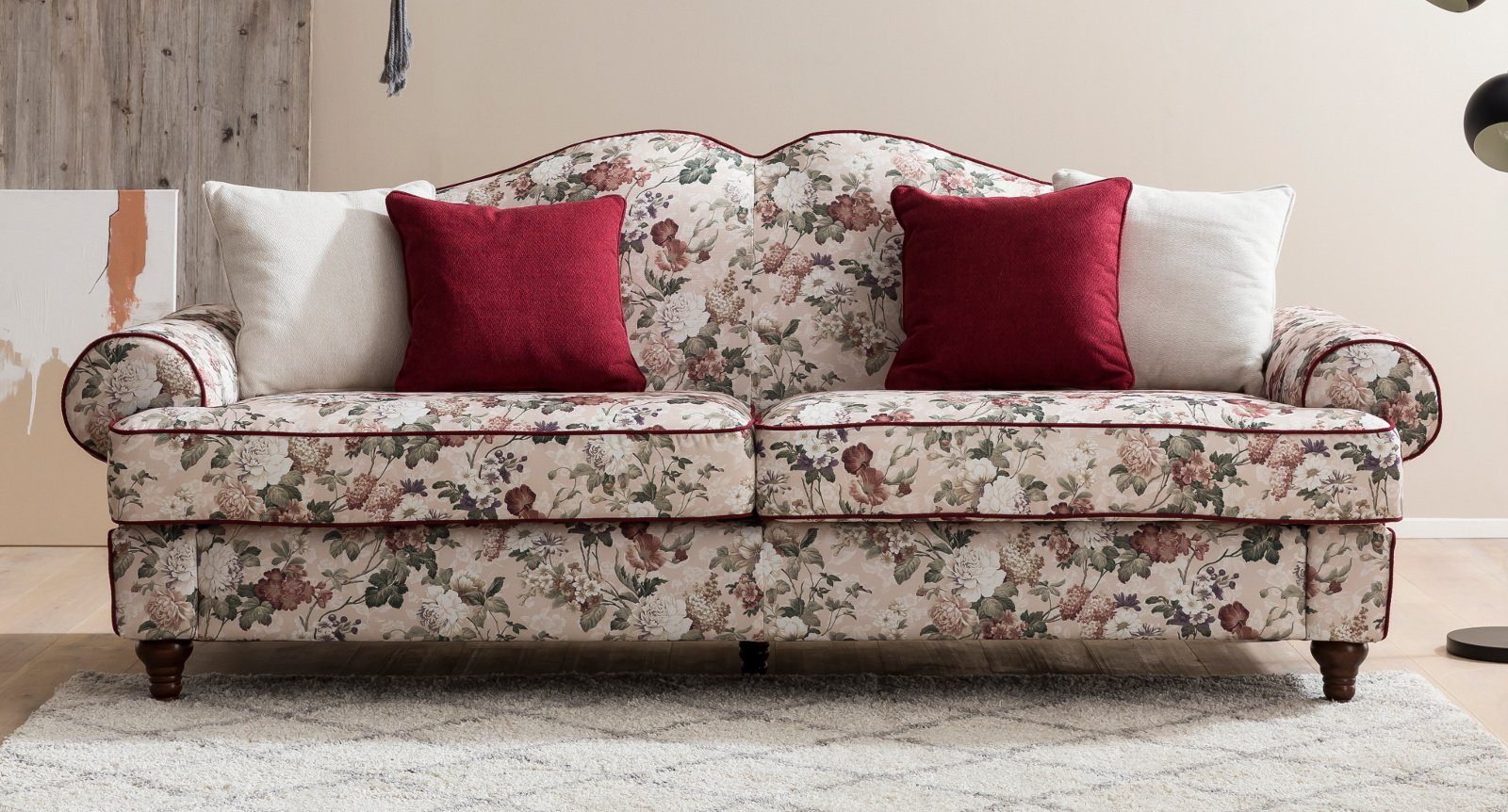 Furn.Design Sofa Elita, 3,5-Sitzer in beige mit Blumenmuster, Landhausstil, mit Bonell Federkern