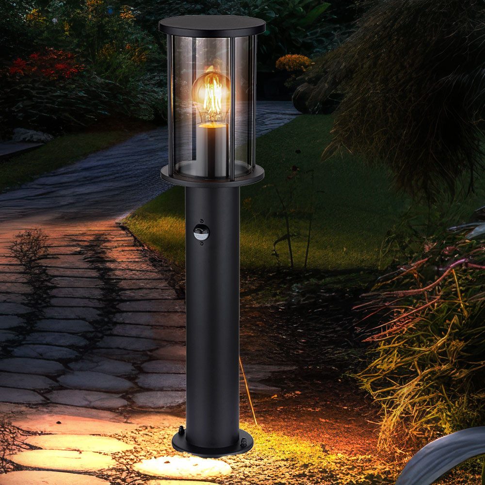 GLOBO LIGHTING LED Außen-Stehlampe, Leuchtmittel nicht inklusive, Stehleuchte Außen Metall schwarz Glas rauch Sensor D 14,3 cm