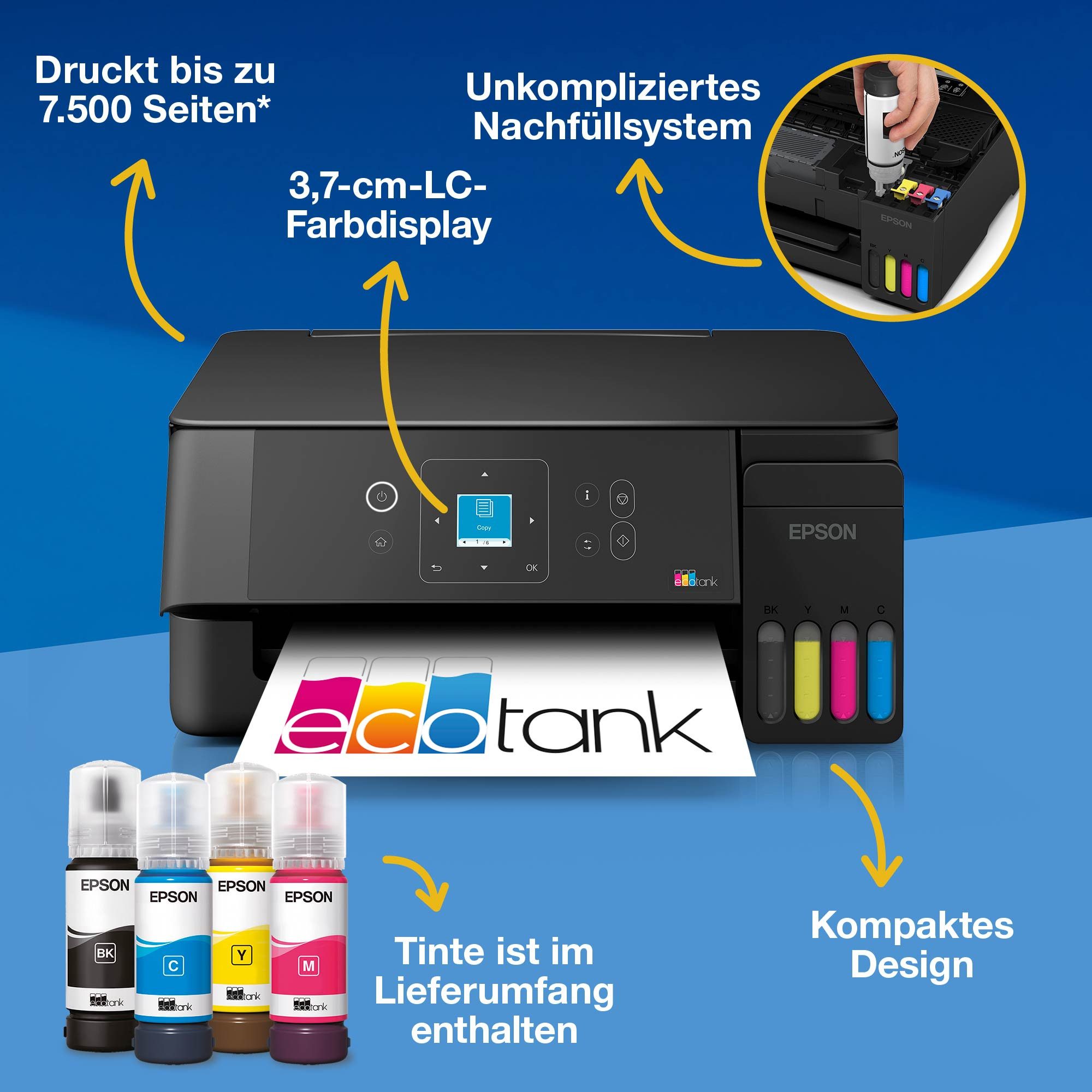 Epson EcoTank ET-2922 Multifunktionsdrucker, (WLAN (Wi-Fi), LAN (Ethernet), Wi-Fi Direct)