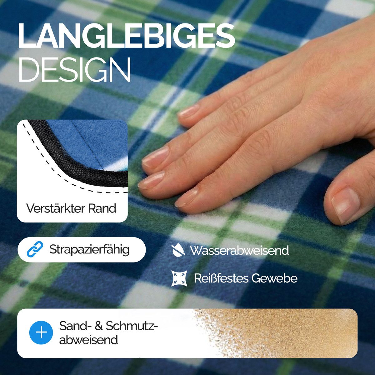 Picknickdecke, Detex, XXL 200x200 cm Wasserdicht Wärmeisoliert 4-6 Personen Karo/Blau