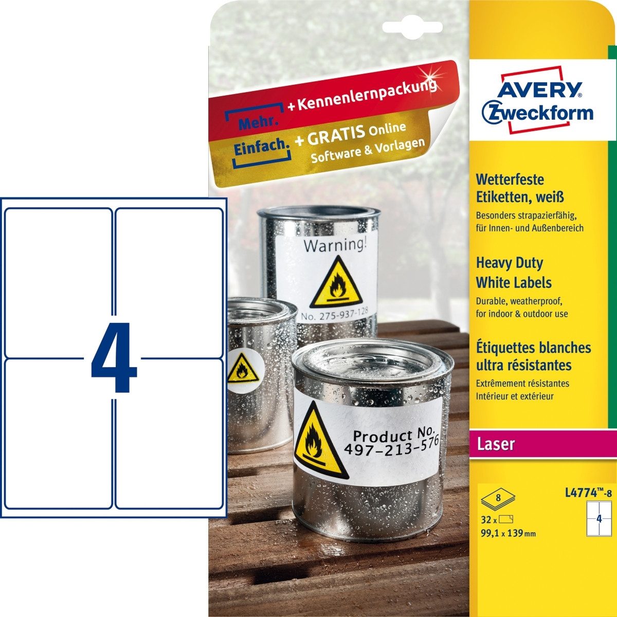 Etiketten Etiketten wetterfest Polyester weiß 99,1x139mm VE=32 Etiketten