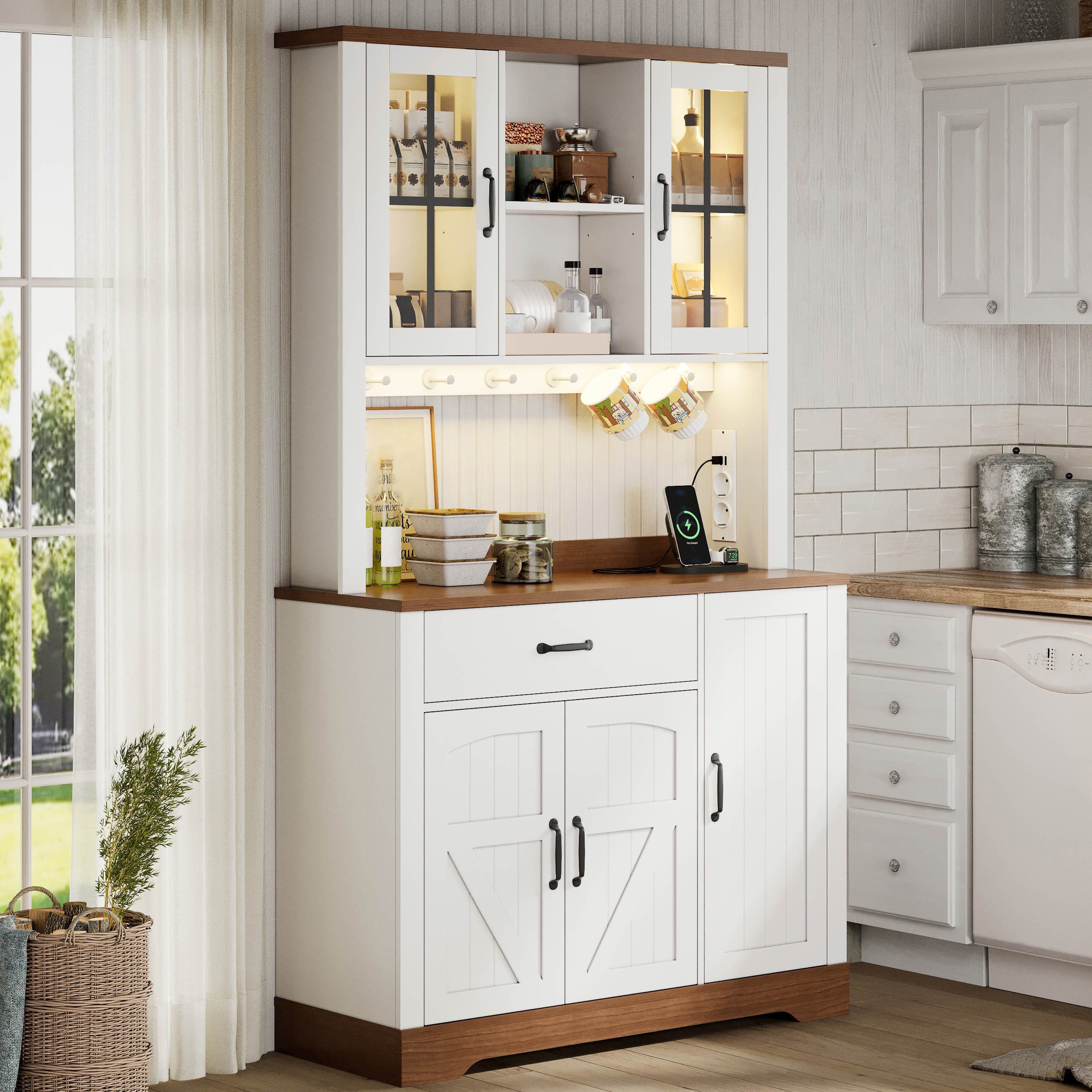 STILVORA Hochschrank mit Schubladen Küchenschrank mit verstellbaren Einlegeböden und LED (Vintage-Aufbewahrungsschrank mit Schubladen, mit sicheren transparenten Türen aus gehärtetem Glas) Ideal für Küche, Ess-/Wohnzimmer, Schlafzimmer