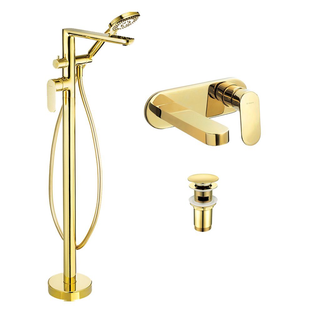 Lomadox Badarmatur DEANTE-30 Badezimmer Badewannen Set mit Waschbeckenarmatur goldfarben