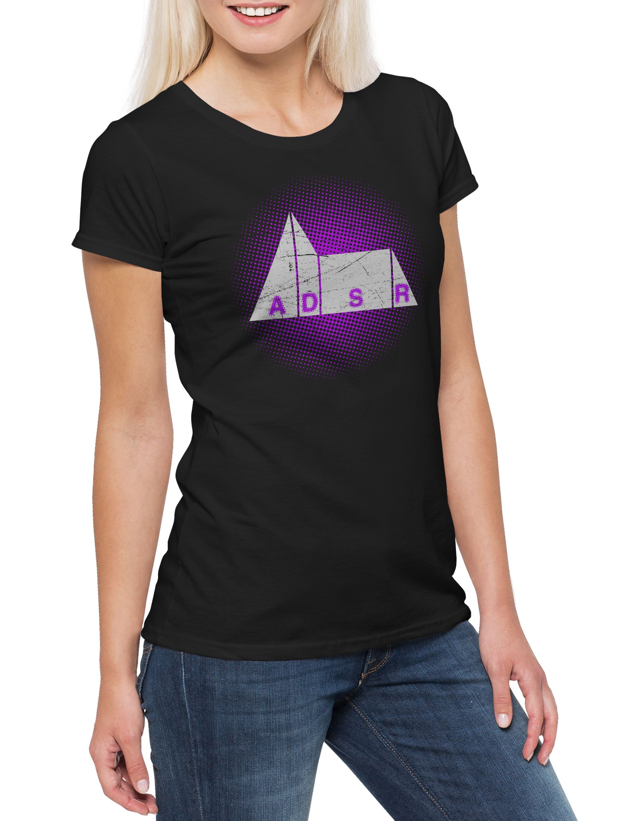 Print-Shirt Synthesizer ADSR III Damen T-Shirt Electro Techno LFO Musik Music DJ