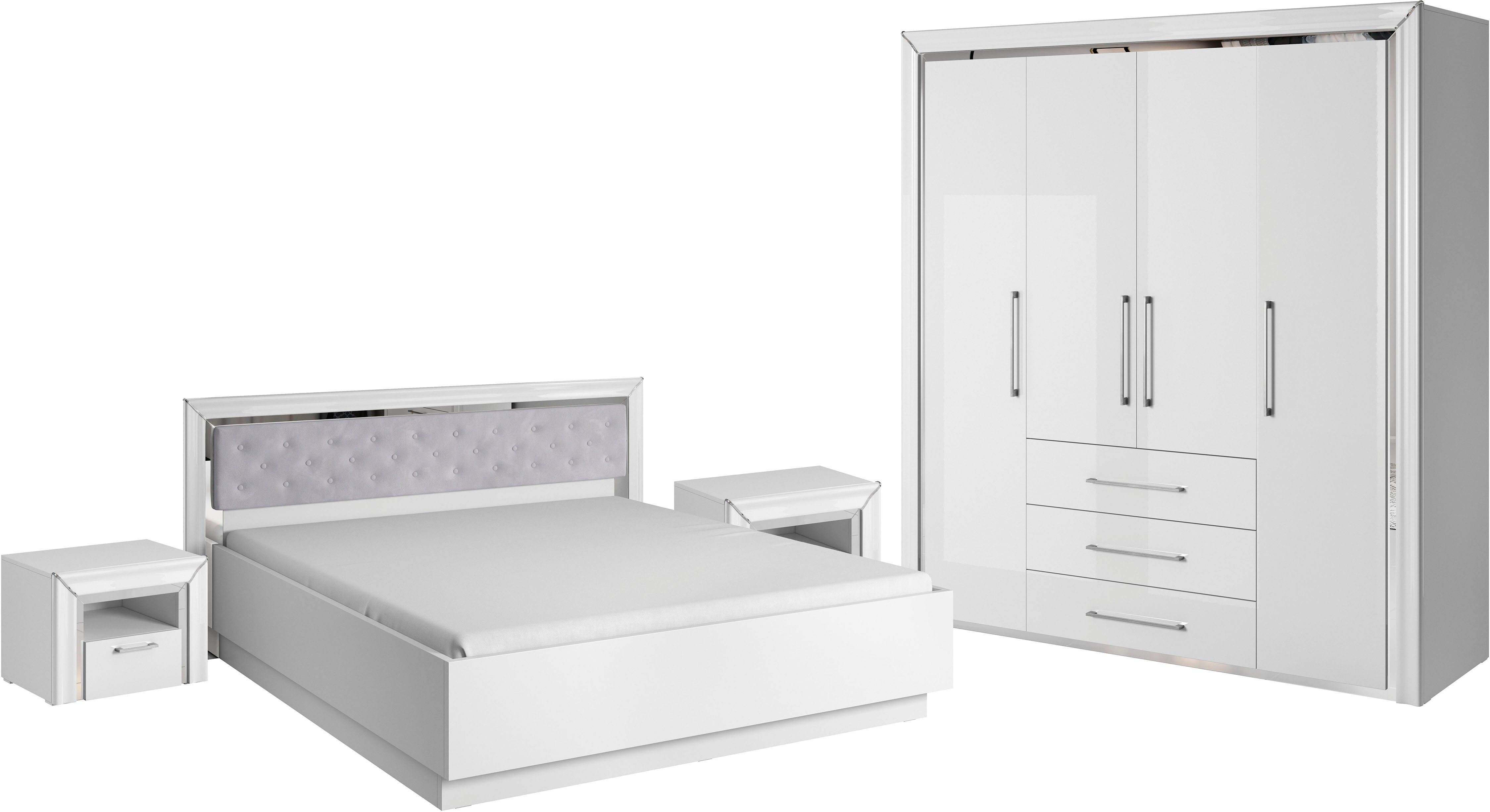 Qualität garantiert! Leonique Schlafzimmer-Set Arno, (4-St), mit Spiegelfolie weiß silber-oder Hochglanz-Front goldfarbener