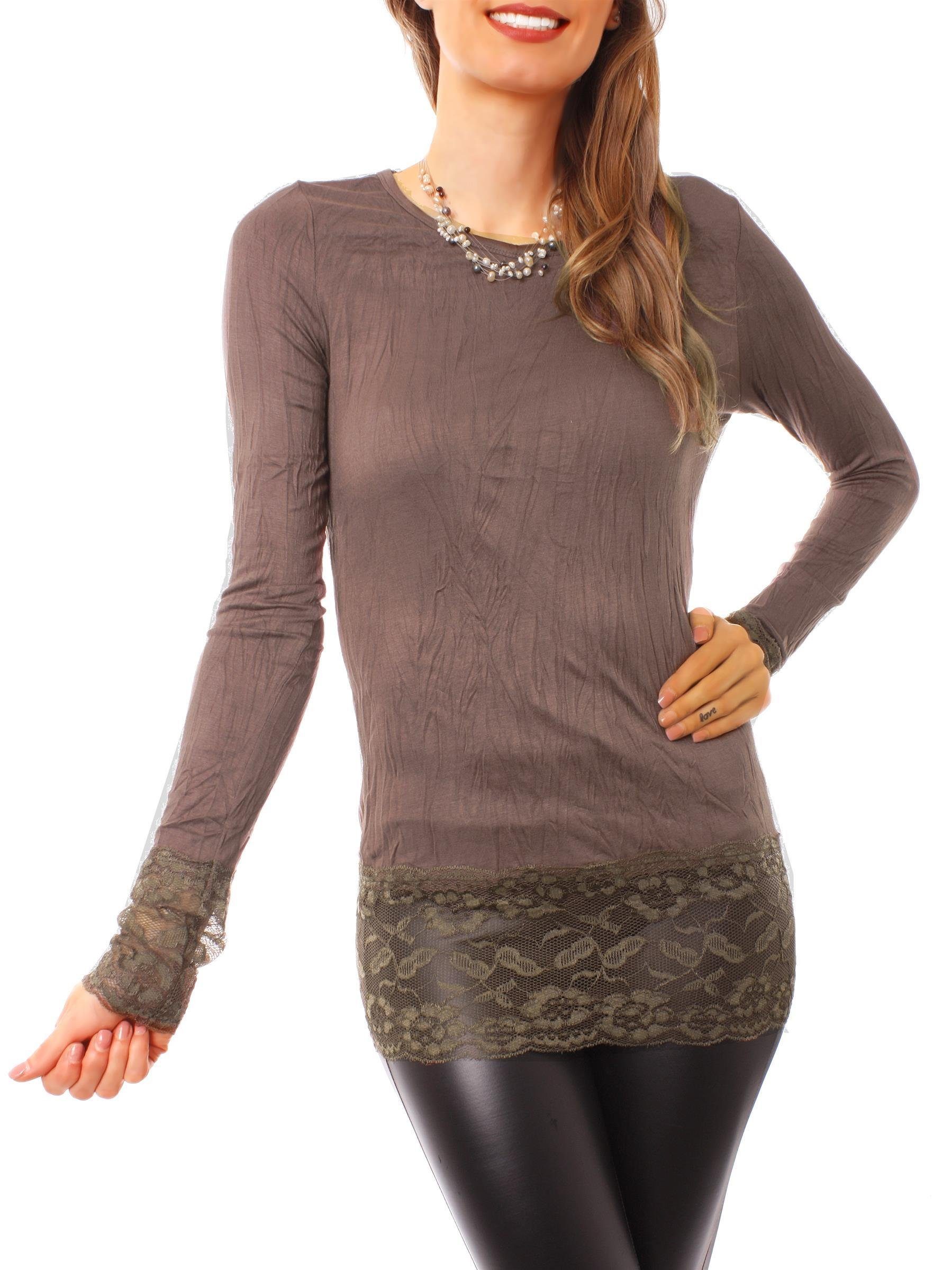 Muse Rundhalsshirt Langarm Longshirt mit Spitzensaum 0998 günstig online kaufen