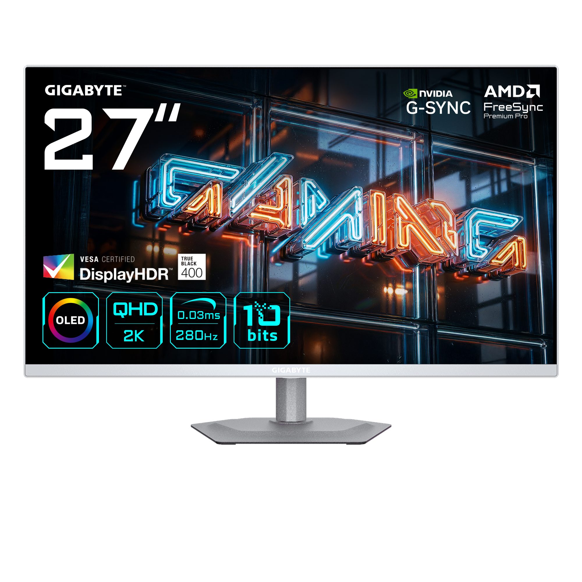 Gigabyte MO27Q2A ICE OLED-Monitor (67,8 cm/27 ", 2560 x 1440 px, QHD, 0,03 ms Reaktionszeit, 280 Hz, OLED, dreh-, neig-, schwenk-, höhenverstellbar, Lautsprecher)