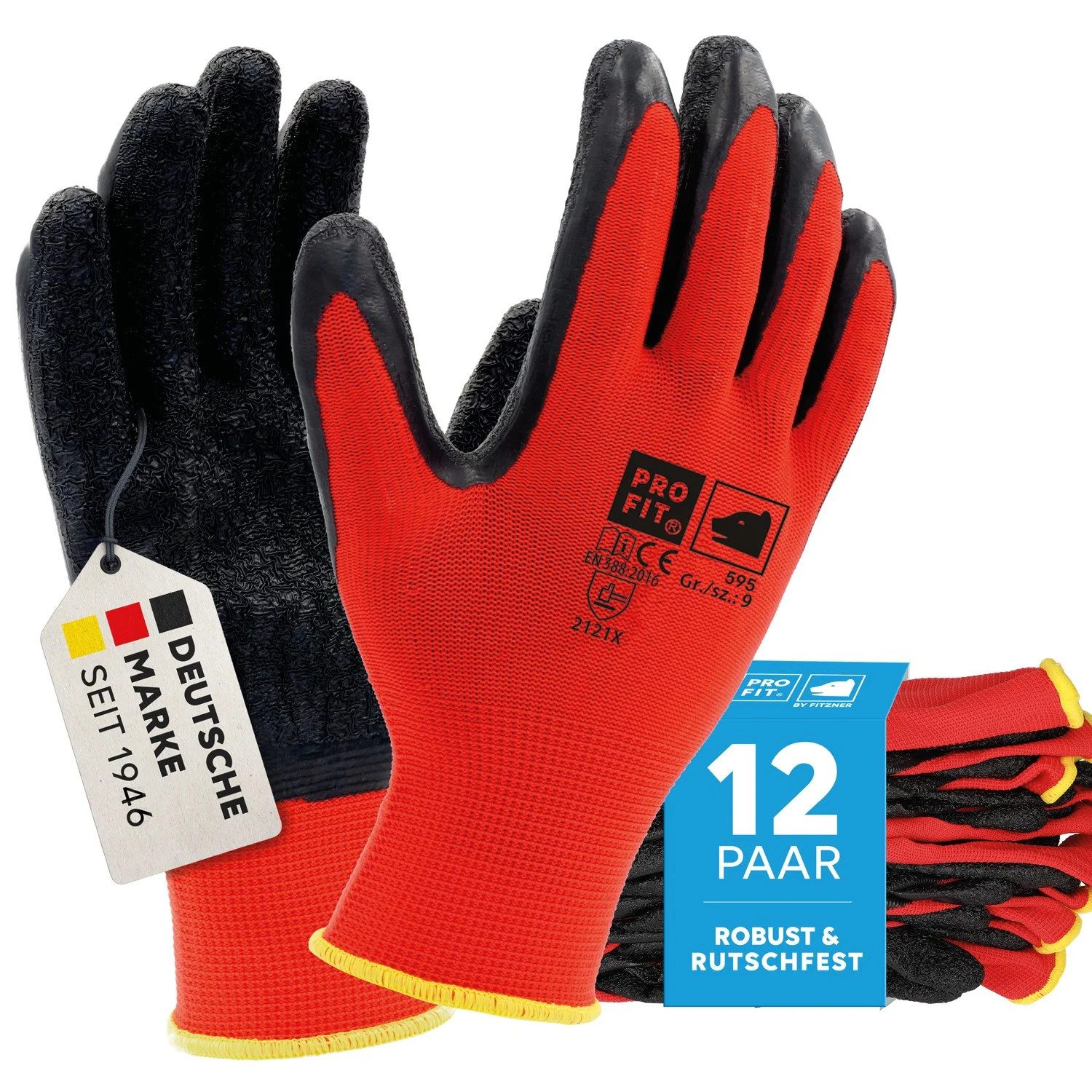 PRO FIT by Fitzner Montage-Handschuhe Latex Handschuh, "Super",rot/schwarz, Strickbund (12 Paar) Gr. 11