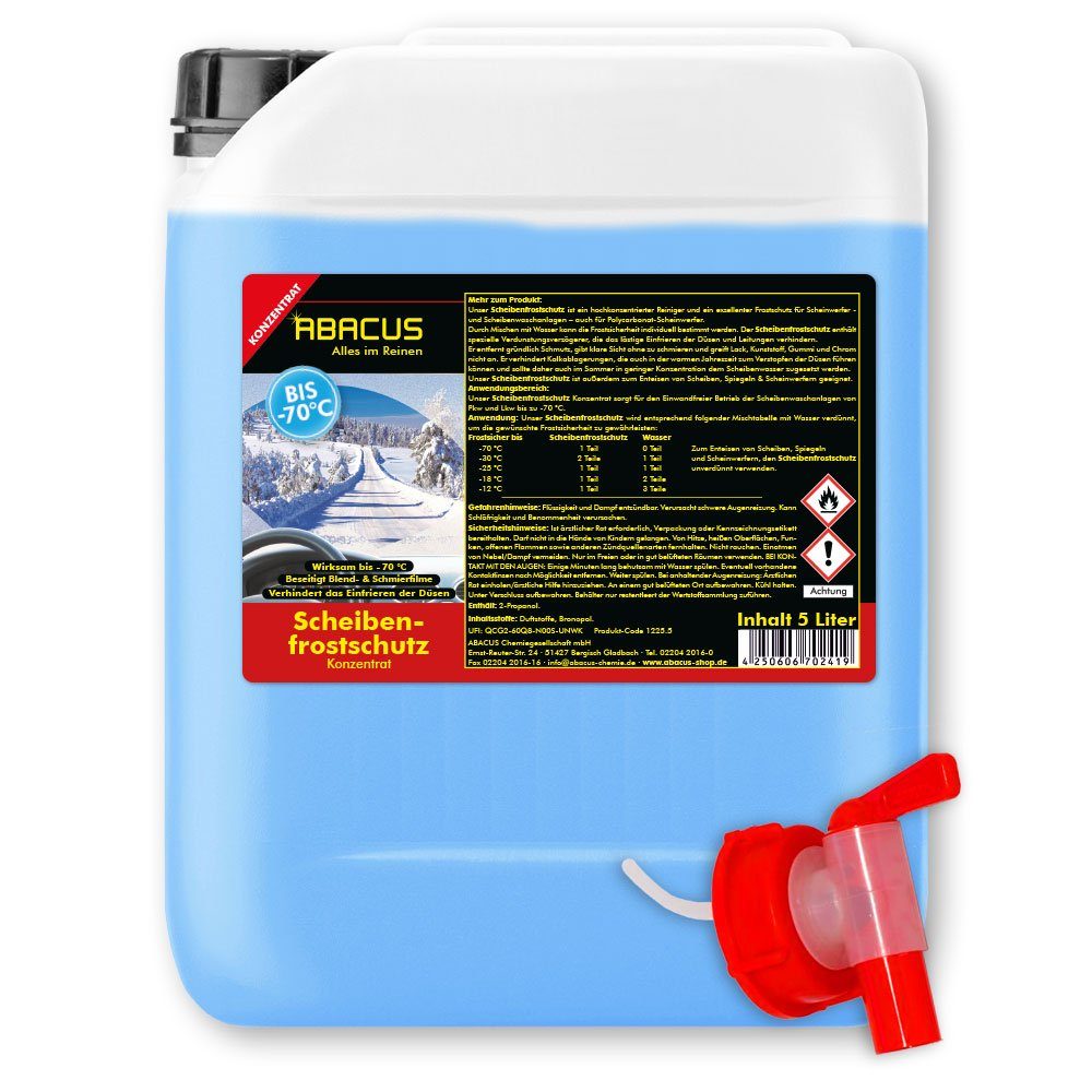ABACUS Scheibenfrostschutz bis -70 °C Scheibenfrostschutz Konzentrat Frostschutzmittel, 5000 l, Sicher für alle Materialien, Lacke & Dichtungen, 2 St., Wirkt bis -70 °C, Reinigt ohne zu schmieren