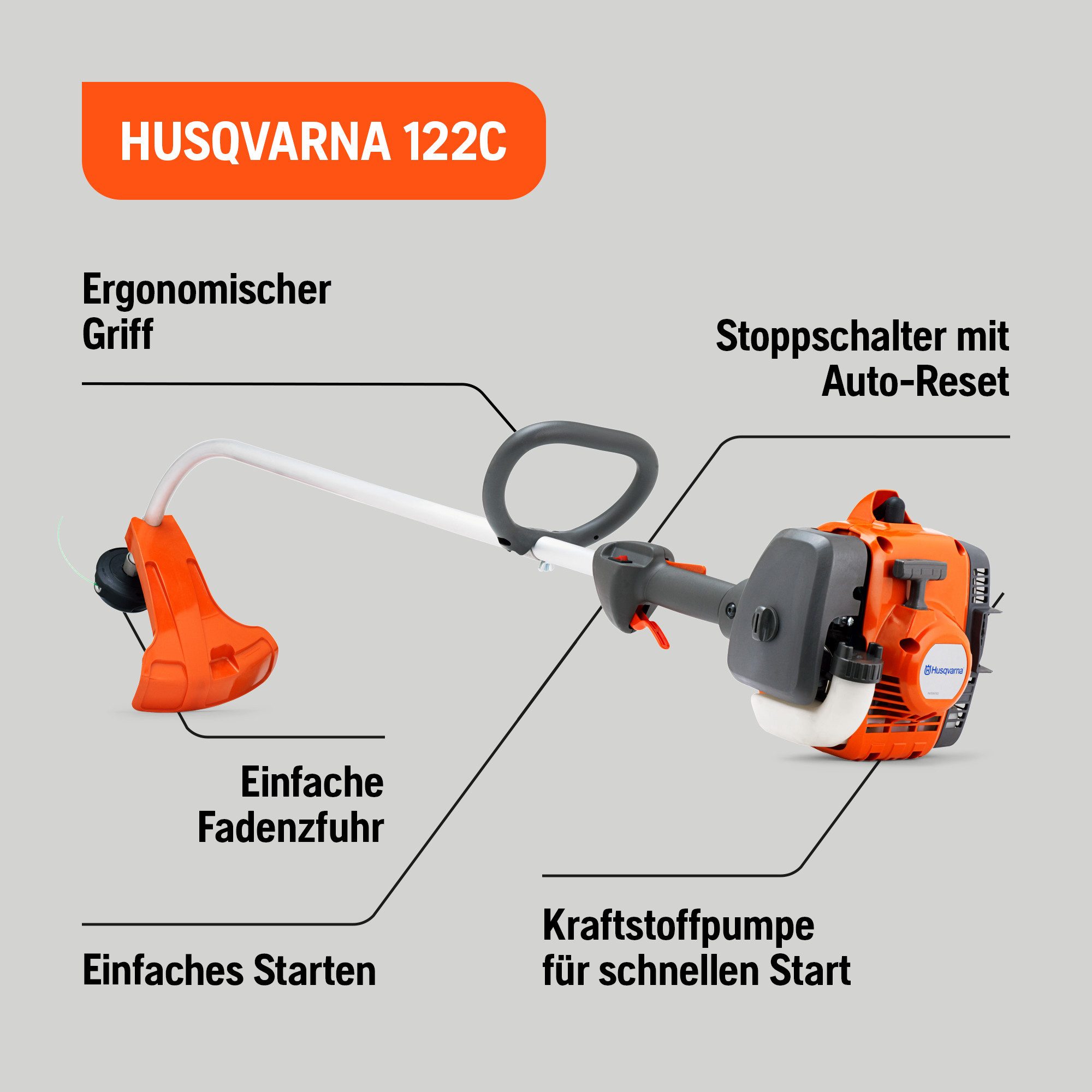 Husqvarna Benzin-Motorsense 122C, 21,7cm³ 2-Takt-Motor, 43 cm Schnittbreite, gebogenem Schaft – Bild 2 von 5