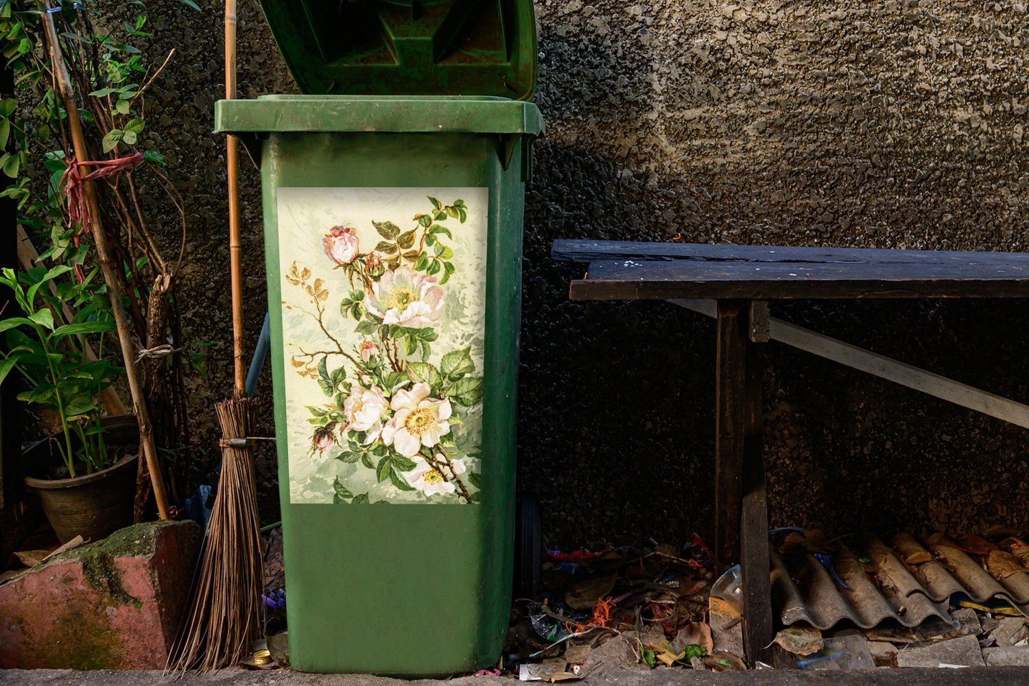 MuchoWow Wandsticker Blumen - Mülltonne, St), Container, Rosa Abfalbehälter Mülleimer-aufkleber, Sticker, - Vintage (1